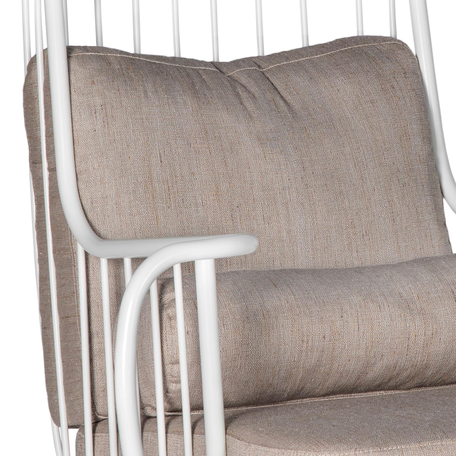 Portuguese Modern Liberty Armchair High Back in White Lacquered Inox and Linen Cushions For Sale