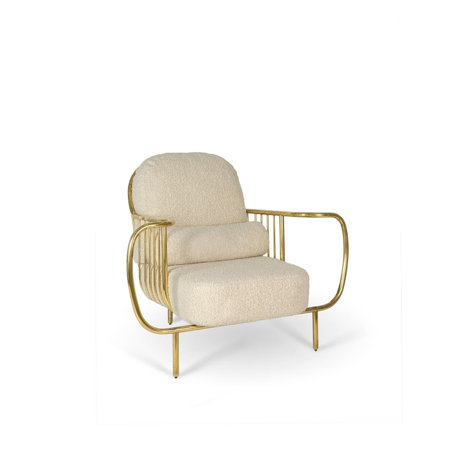 Metal Modern Liberty Armchair Low Back Aged Polished Brass and Beige Bouclé Cushions For Sale