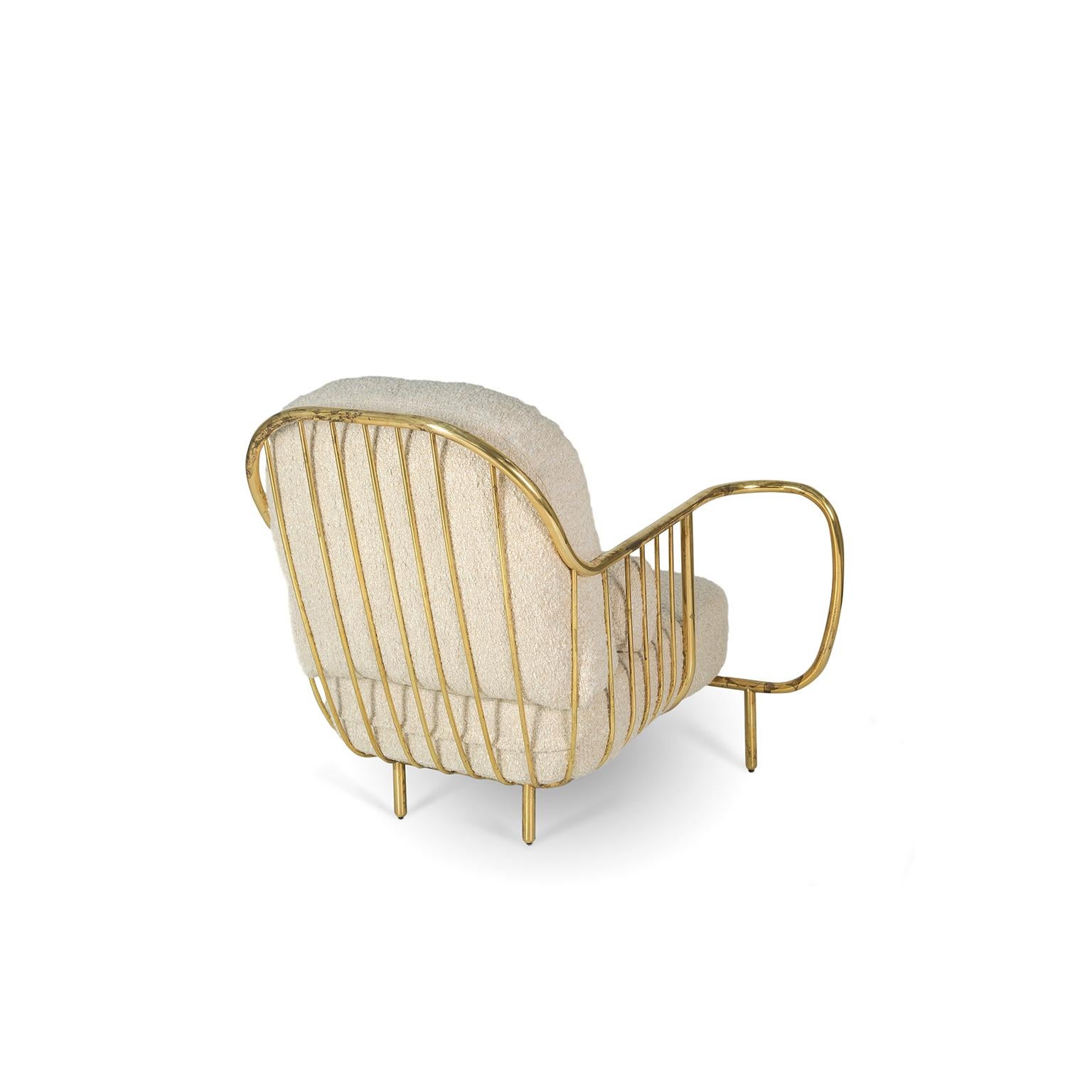Modern Liberty Armchair Low Back Aged Polished Brass and Beige Bouclé Cushions For Sale 2