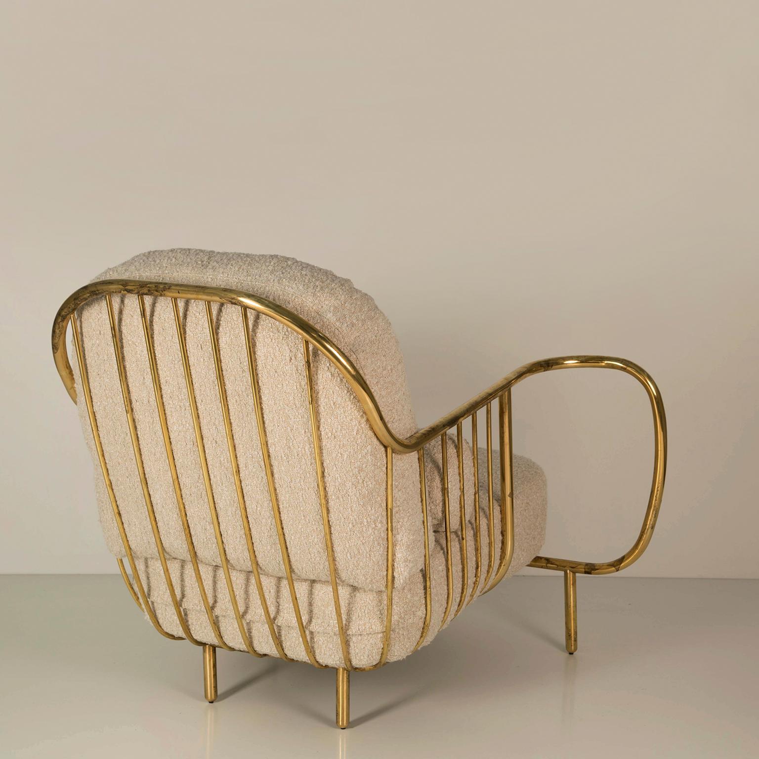 Portuguese Modern Liberty Armchair Low Back Aged Polished Brass and Beige Bouclé Cushions For Sale