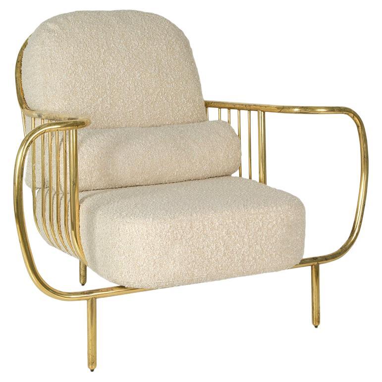 Modern Liberty Armchair Low Back Aged Polished Brass and Beige Bouclé Cushions