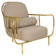 Modern Liberty Armchair Low Back Aged Polished Brass and Taupe Boucle Cushions