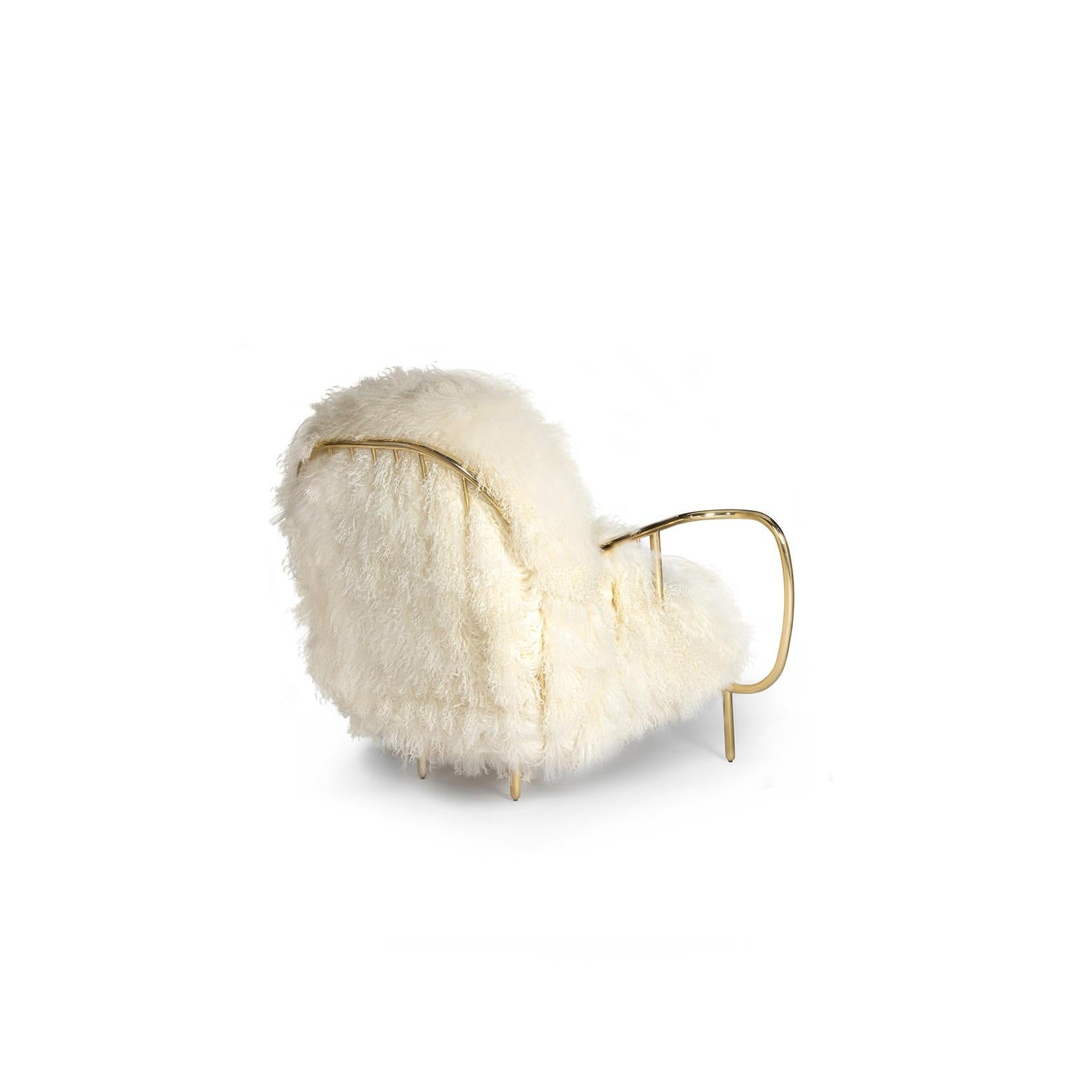 Portuguese Modern Liberty Armchair Low Back in Polished Brass and White Sheep Fur Cushions For Sale