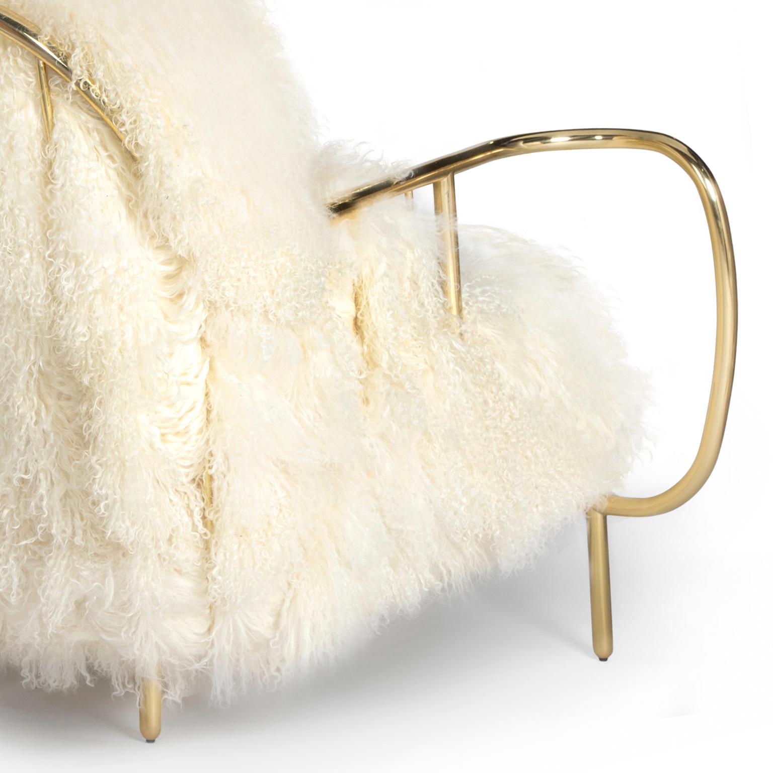 Sheepskin Modern Liberty Armchair Low Back in Polished Brass and White Sheep Fur Cushions For Sale