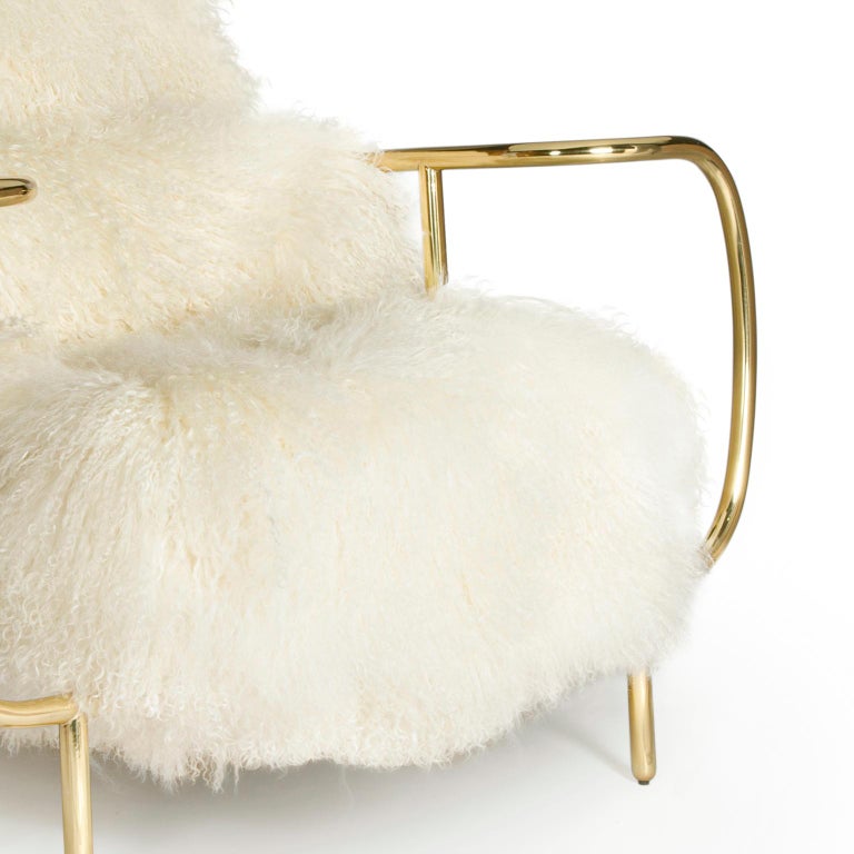 Modern Liberty Armchair Low Back in Polished Brass and White Sheep Fur Cushions For Sale 2