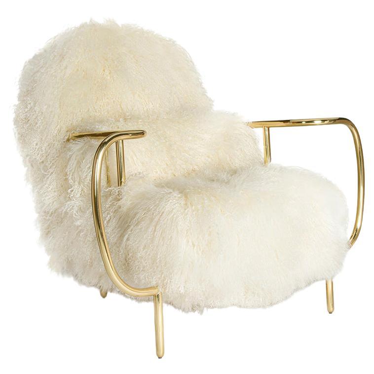Modern Liberty Armchair Low Back in Polished Brass and White Sheep Fur Cushions