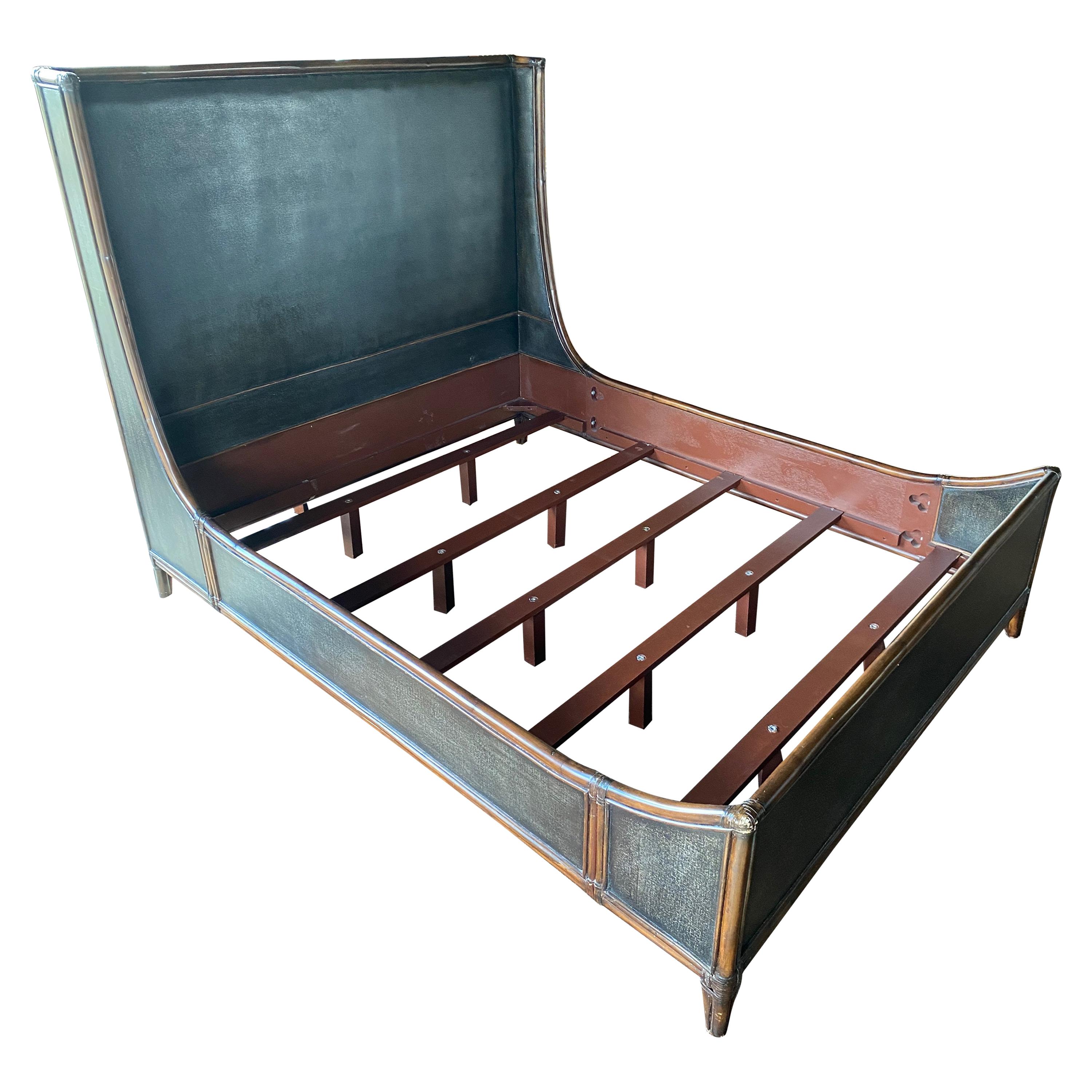 Modern Library Leather and Wood Bed with Leather Detail, Queen