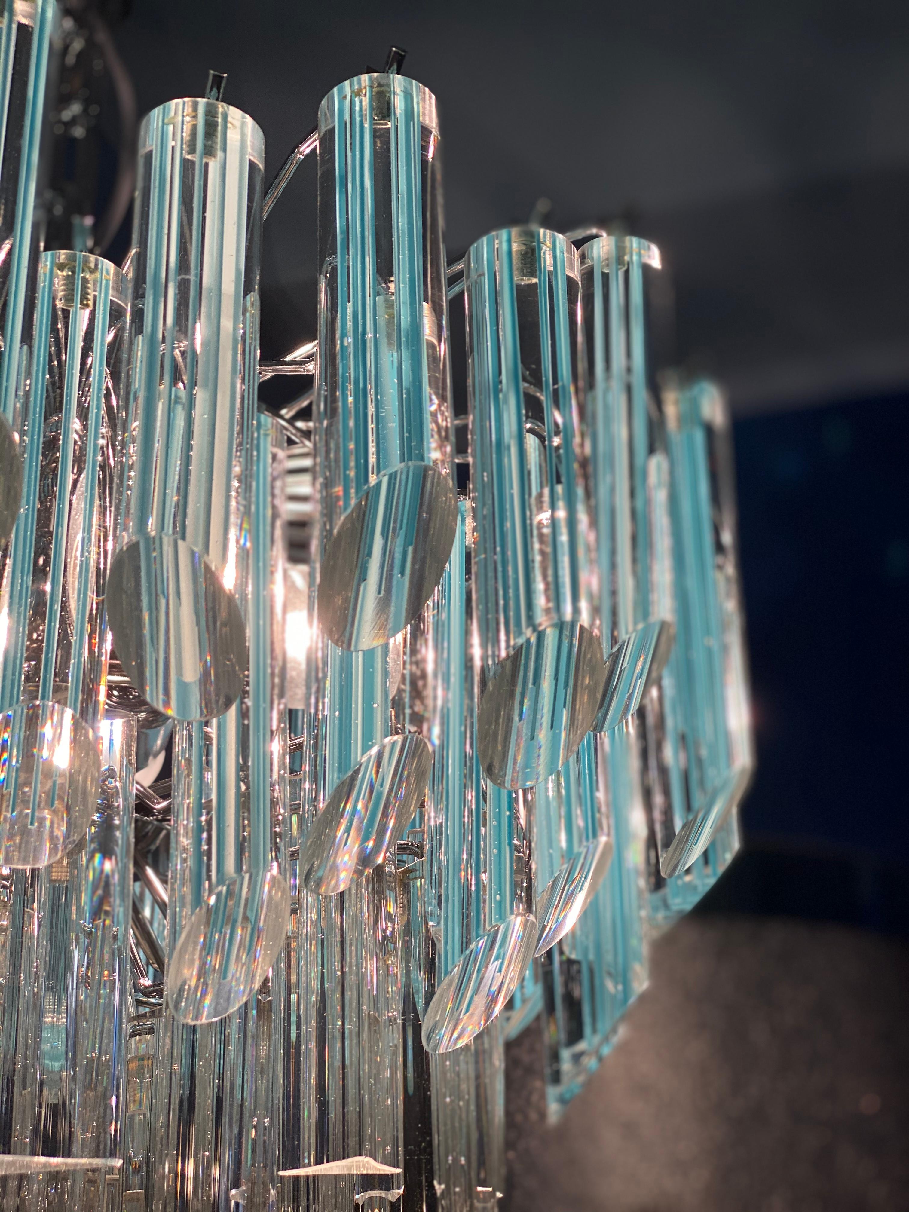 Steel Modern Light Blu Crystal Prism Murano Glass Chandelier, 1970 For Sale