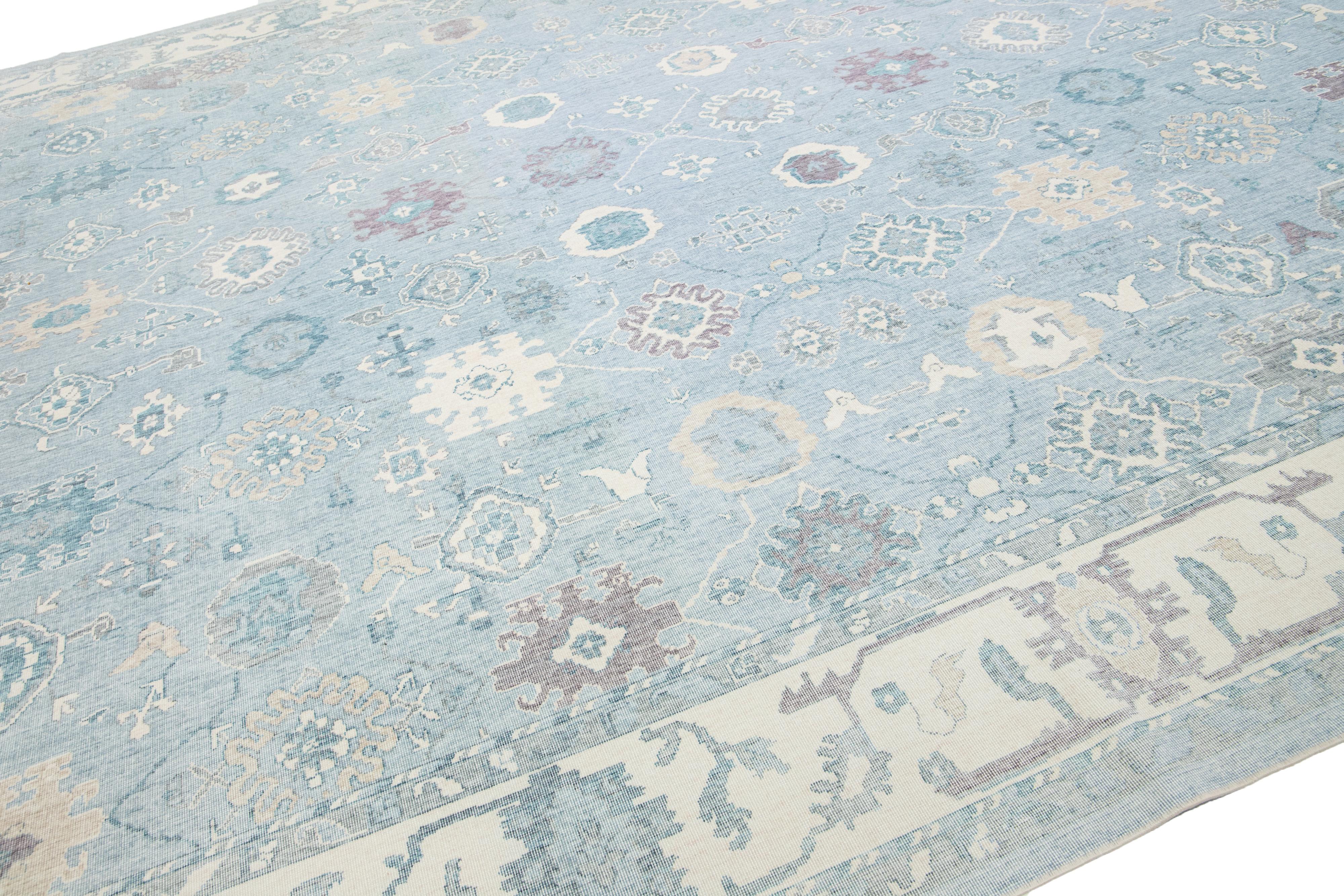 Modern Light Blue Turkish Oushak Wool Rug With Allover Pattern In New Condition For Sale In Norwalk, CT