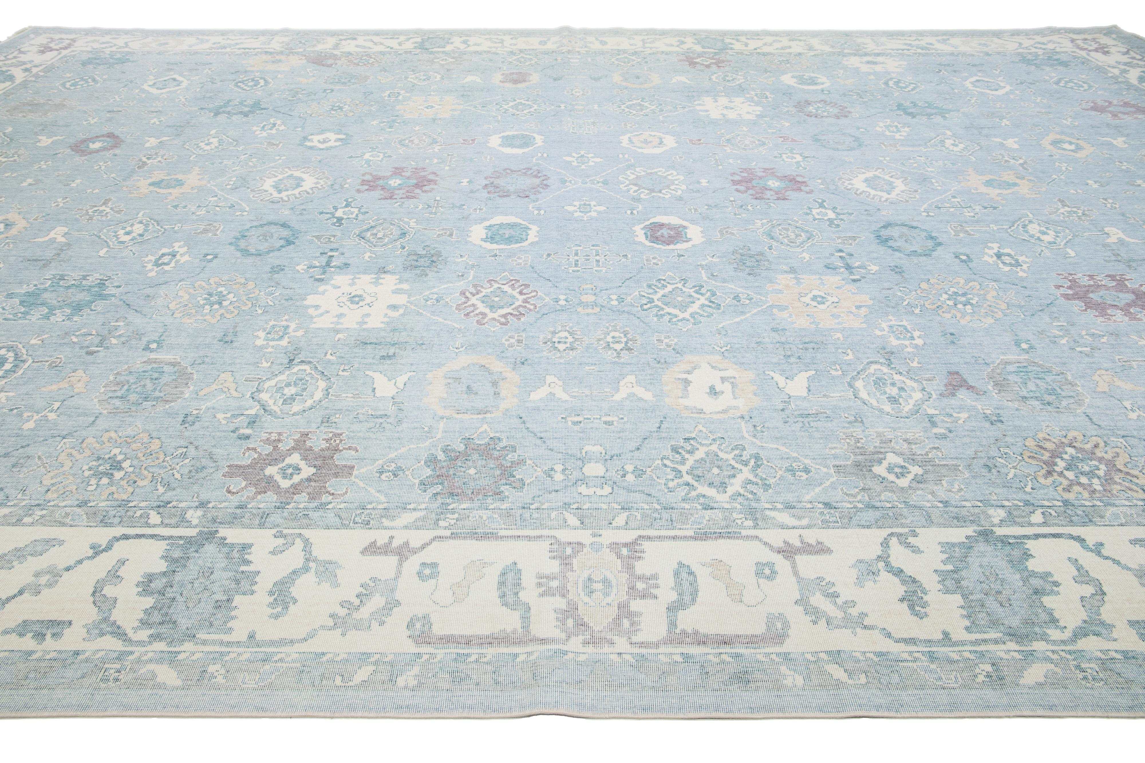 Modern Light Blue Turkish Oushak Wool Rug With Allover Pattern For Sale 2