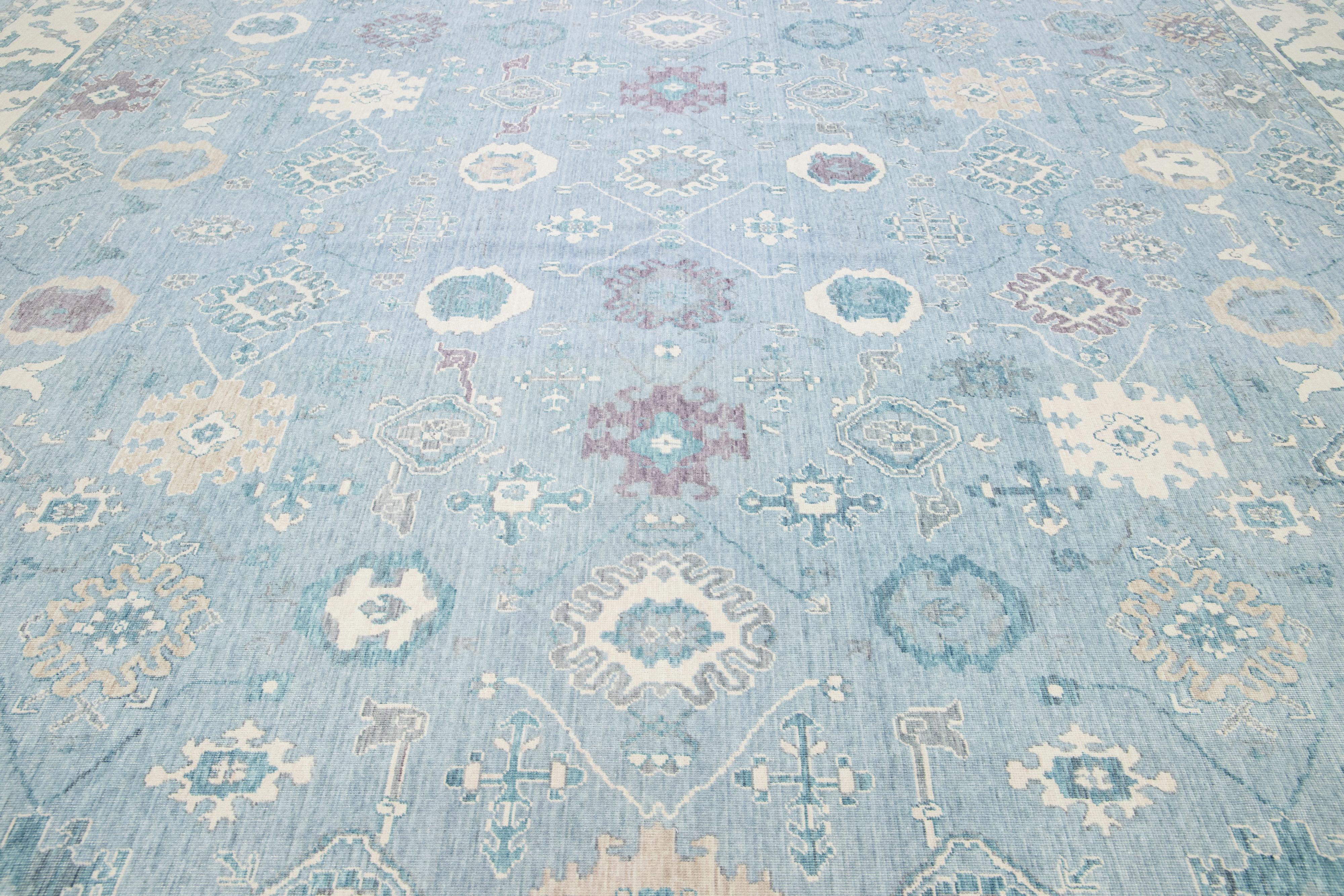 Modern Light Blue Turkish Oushak Wool Rug With Allover Pattern For Sale 4