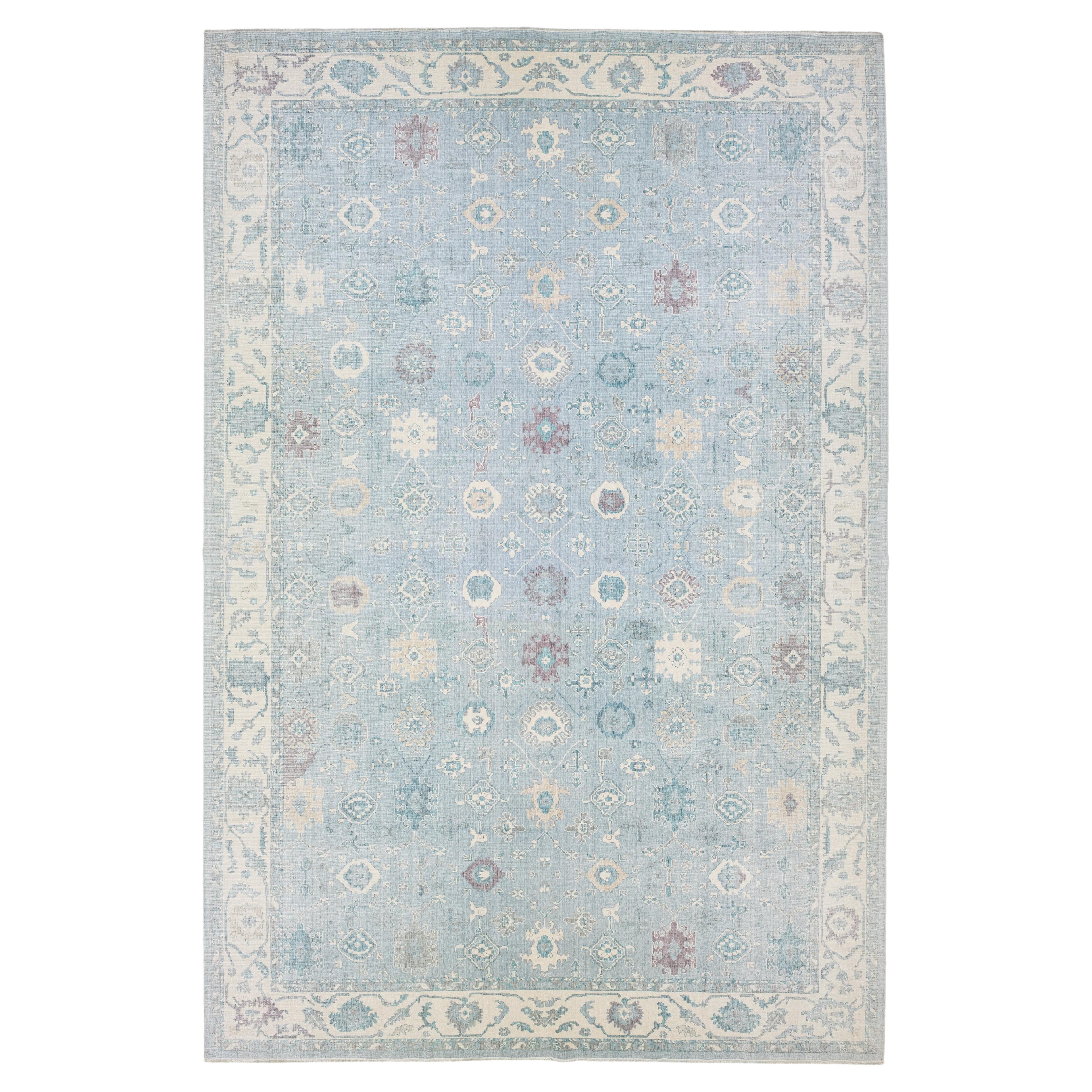 Modern Light Blue Turkish Oushak Wool Rug With Allover Pattern For Sale
