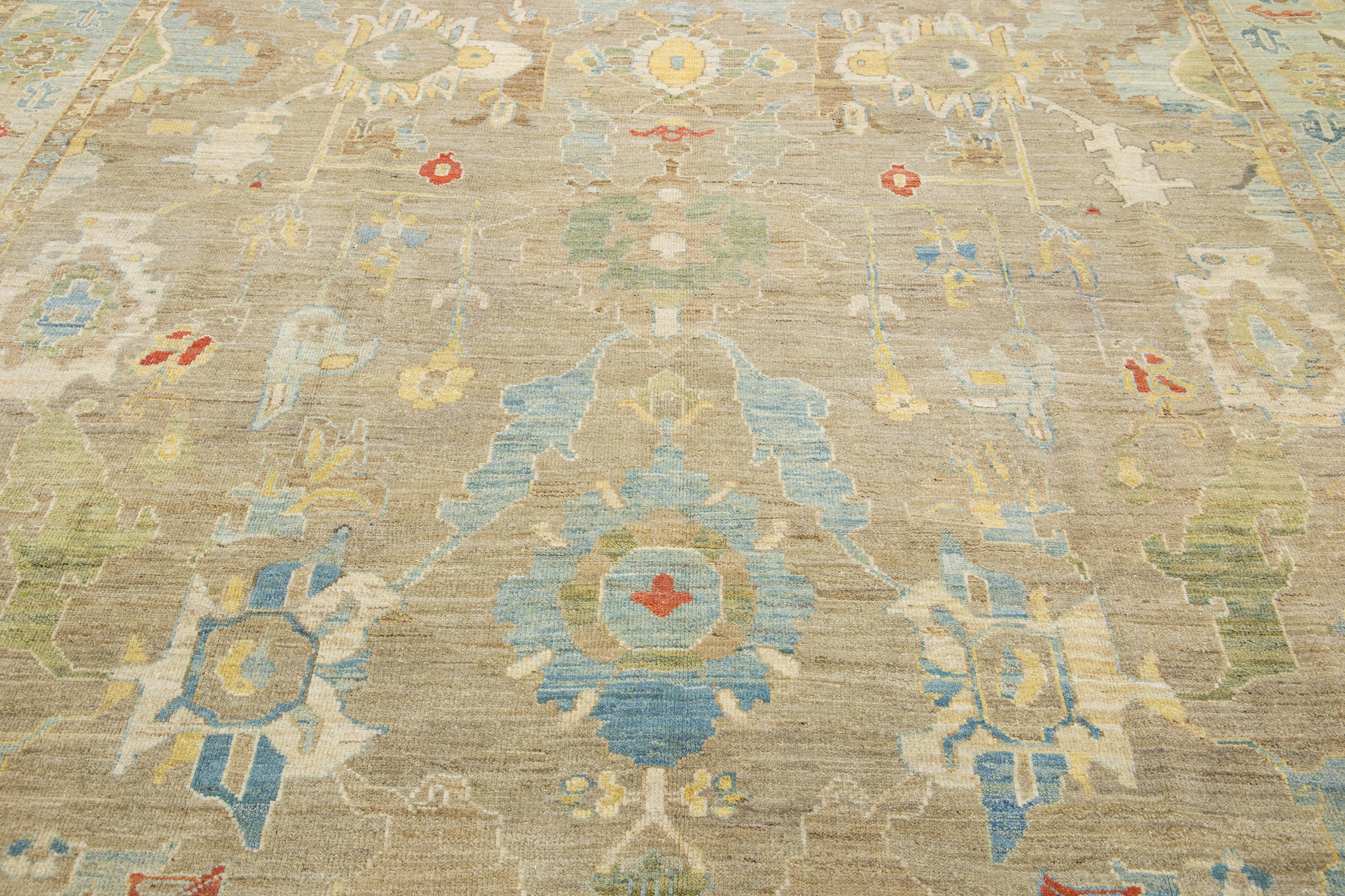 Contemporary Modern Light Brown Sultanabad Square Wool Rug With Floral Desing For Sale