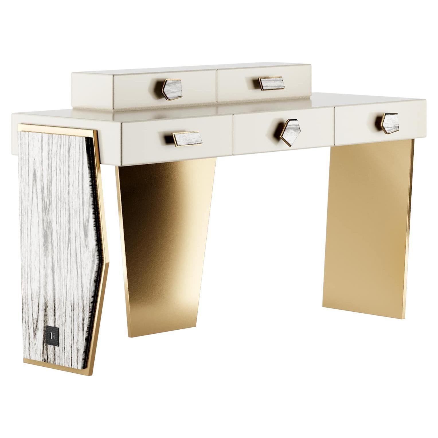 Modern Light Cream Console or Dressing Table in Lacquered Wood & Polished Brass For Sale