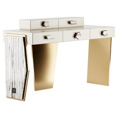 Modern Light Ivory Console or Dressing Table in Lacquered Wood & Polished Brass