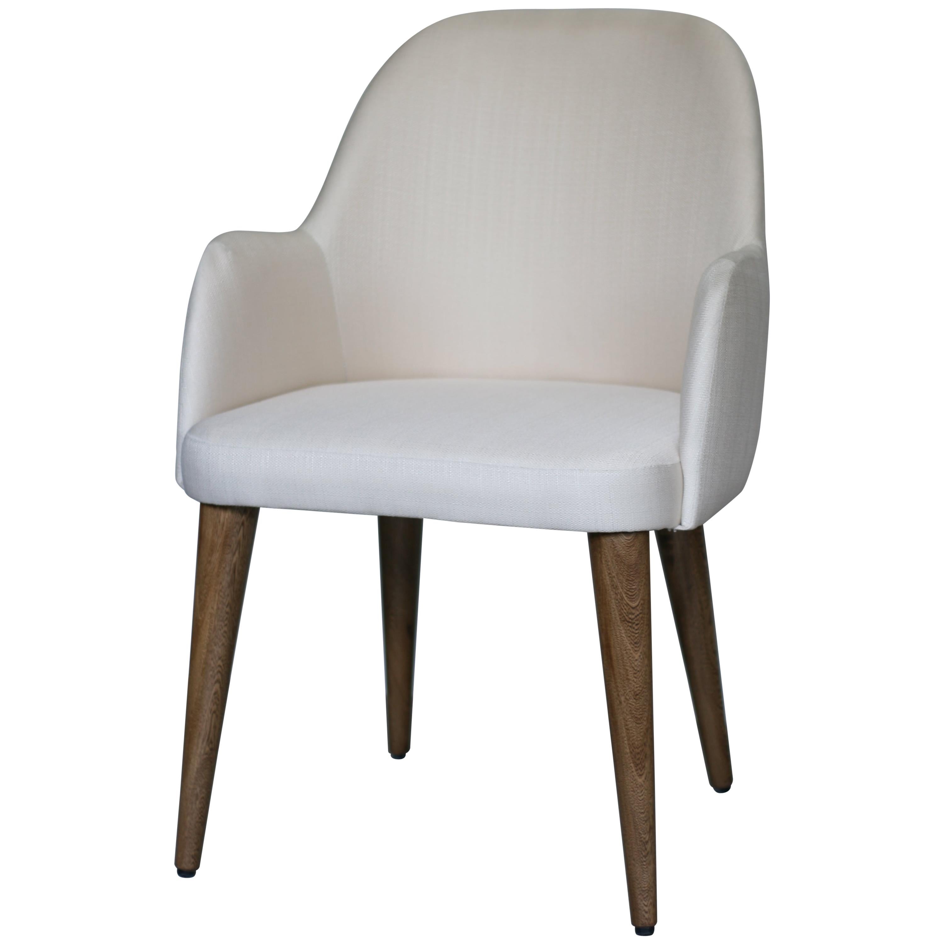 Modern Light Ivory Cream Fabric Dining Armchair with Oak Base For Sale