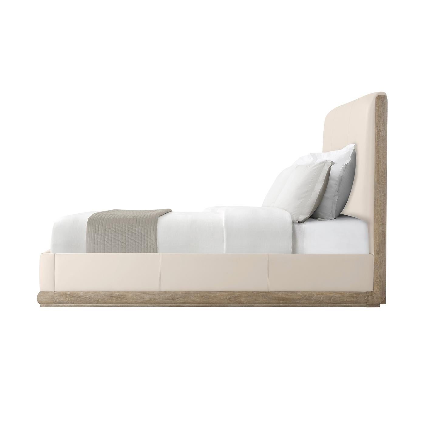 Mid-Century Modern Modern Light Oak and Leather Upholstered Bed - CAL King For Sale