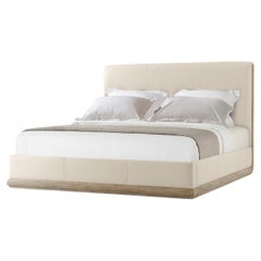 Cama tapizada moderna de roble claro y cuero - CAL King
