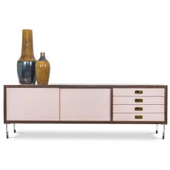 Modern Light Pink Lacquered Credenza with Walnut Trim, Brass Pulls & Lucite Legs