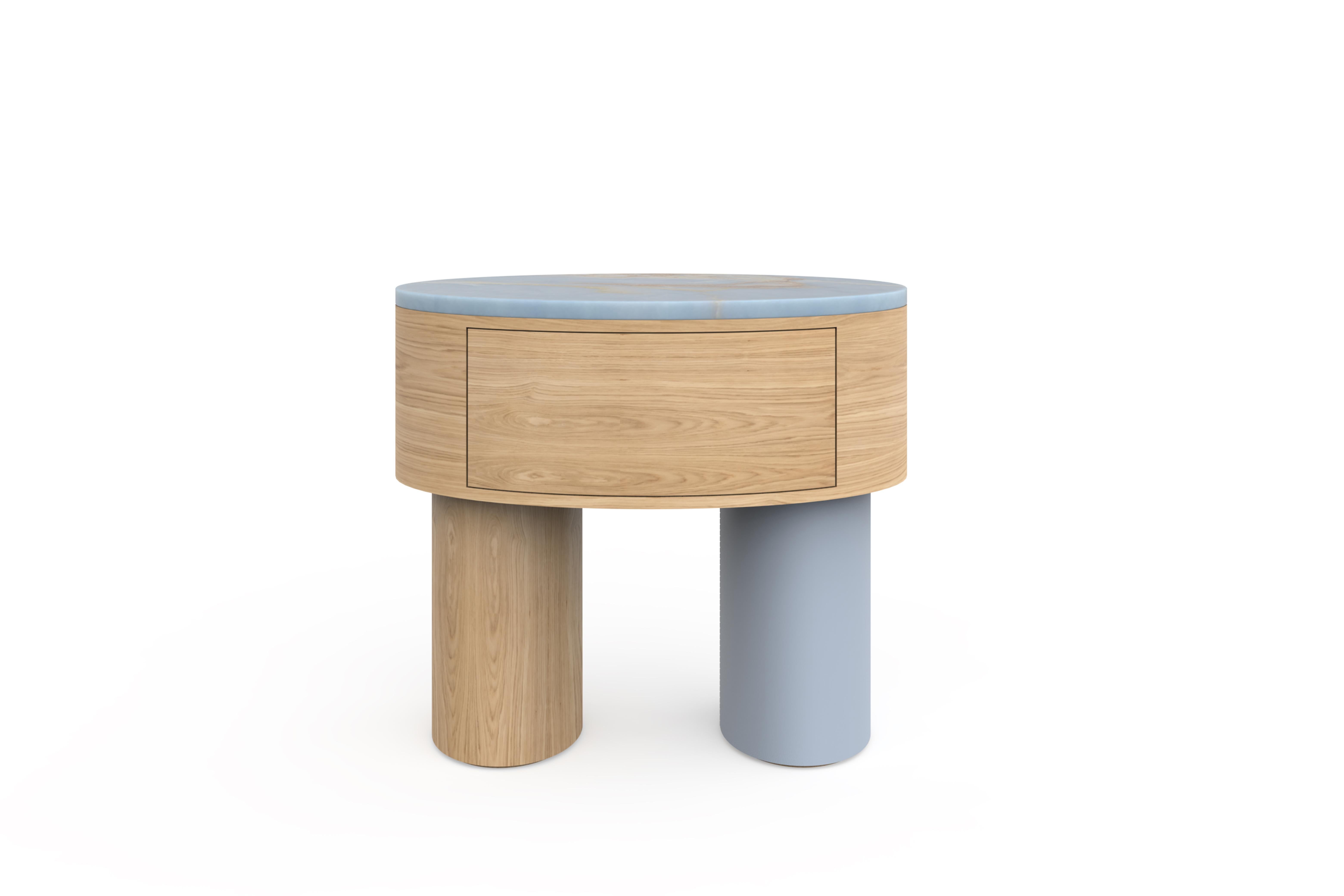 Hand-Crafted Modern Lindoso Bedside Table, Blue Onyx Oak Leather Handmade Portugal Greenapple For Sale