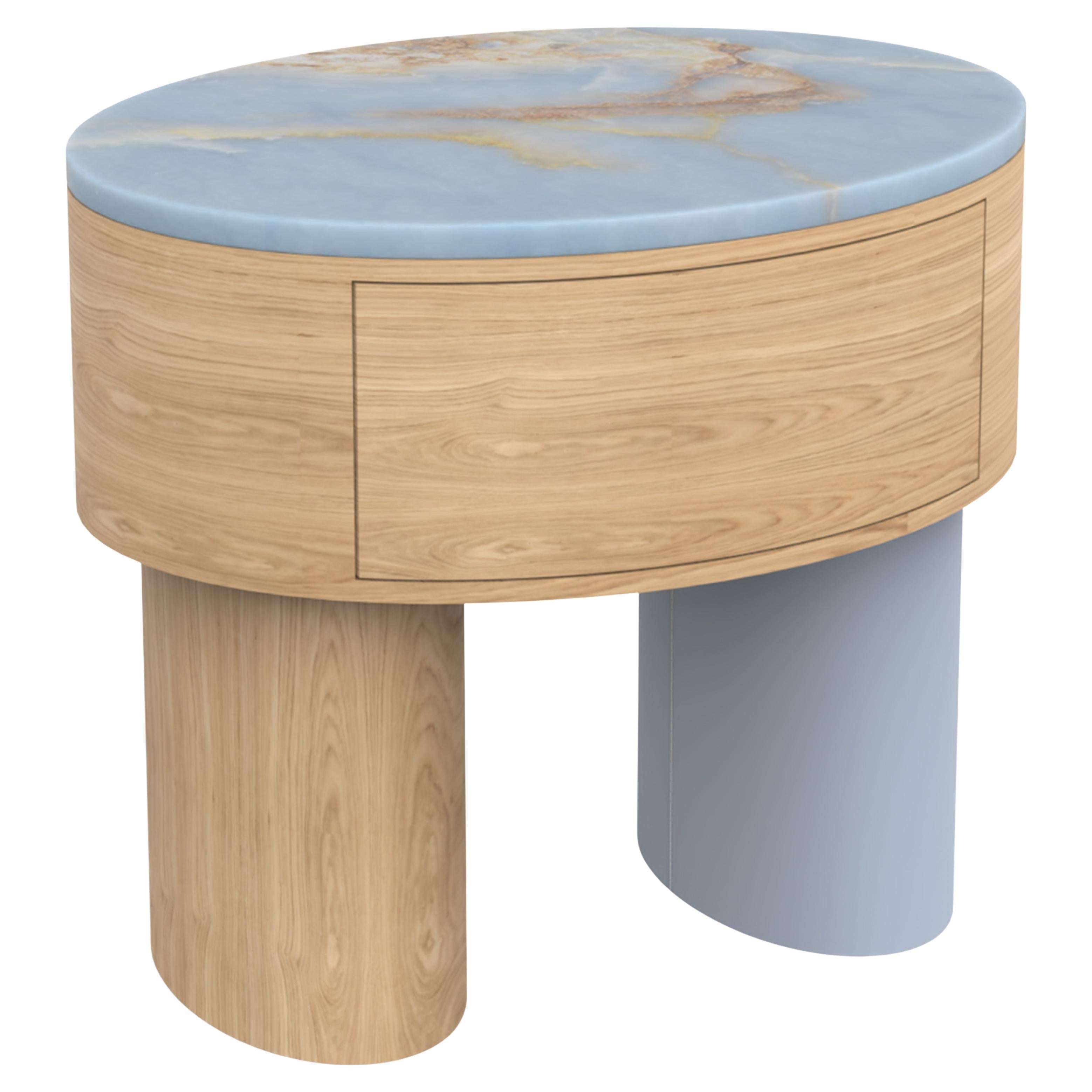 Mesilla de noche moderna Lindoso, Onix azul Roble Cuero Hecho a mano Portugal Greenapple