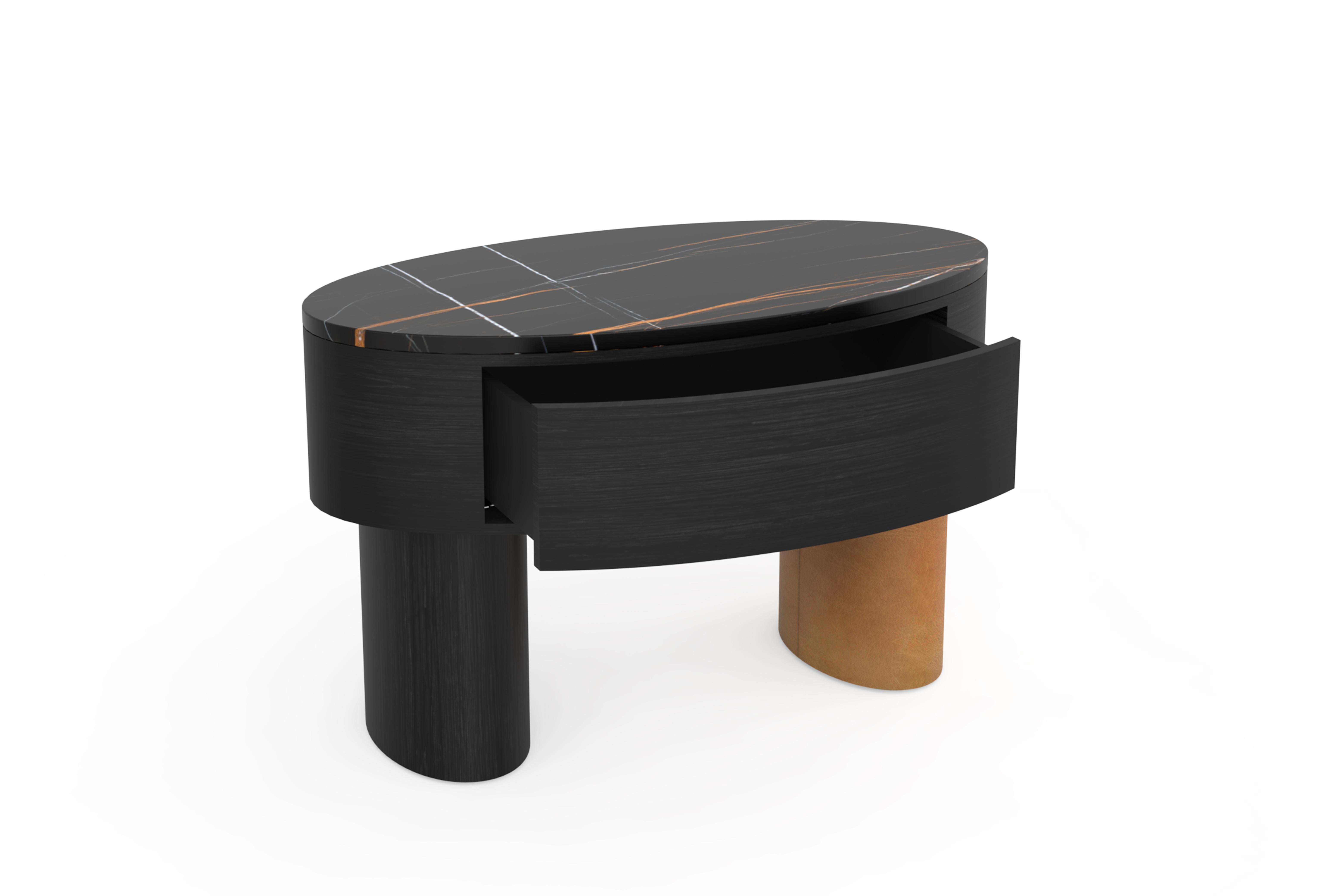 Portuguese Modern Lindoso Bedside Table, Sahara Noir Marble, Handmade Portugal Greenapple For Sale