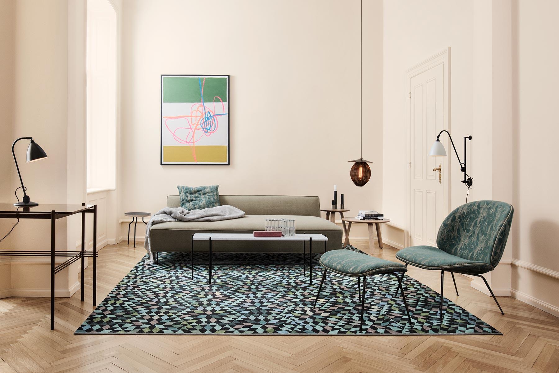 Danish Modern Line Sofa, Fully Upholstered, Large, Brass Legs For Sale