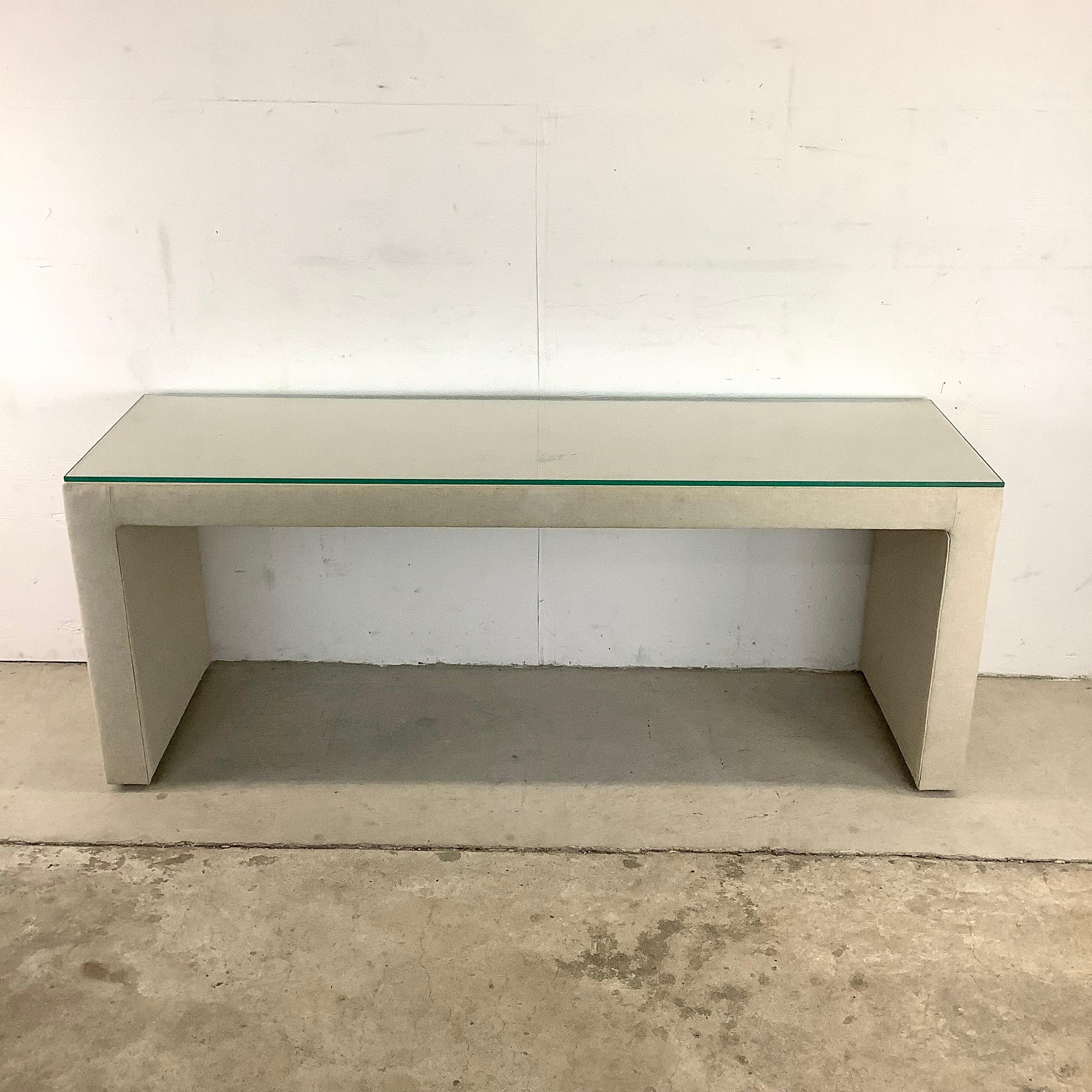 Modern Linen Parsons Table with Glass Top For Sale 8