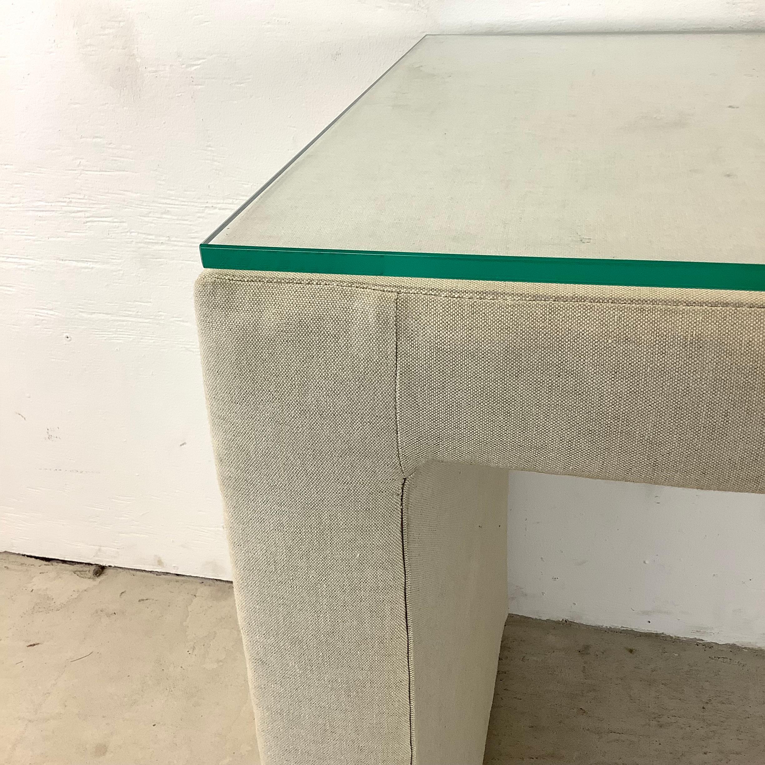 Modern Linen Parsons Table with Glass Top For Sale 10