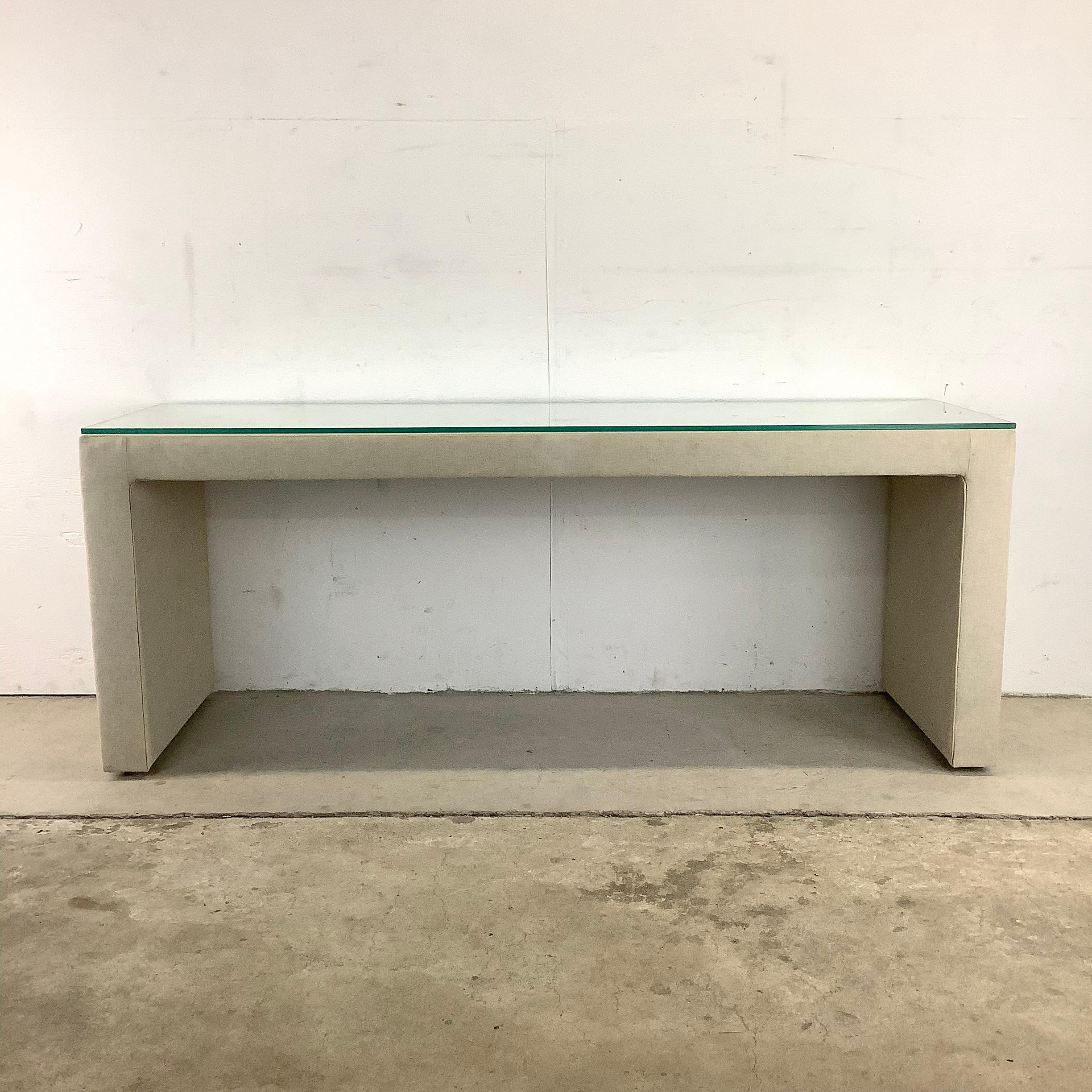 Modern Linen Parsons Table with Glass Top For Sale 11