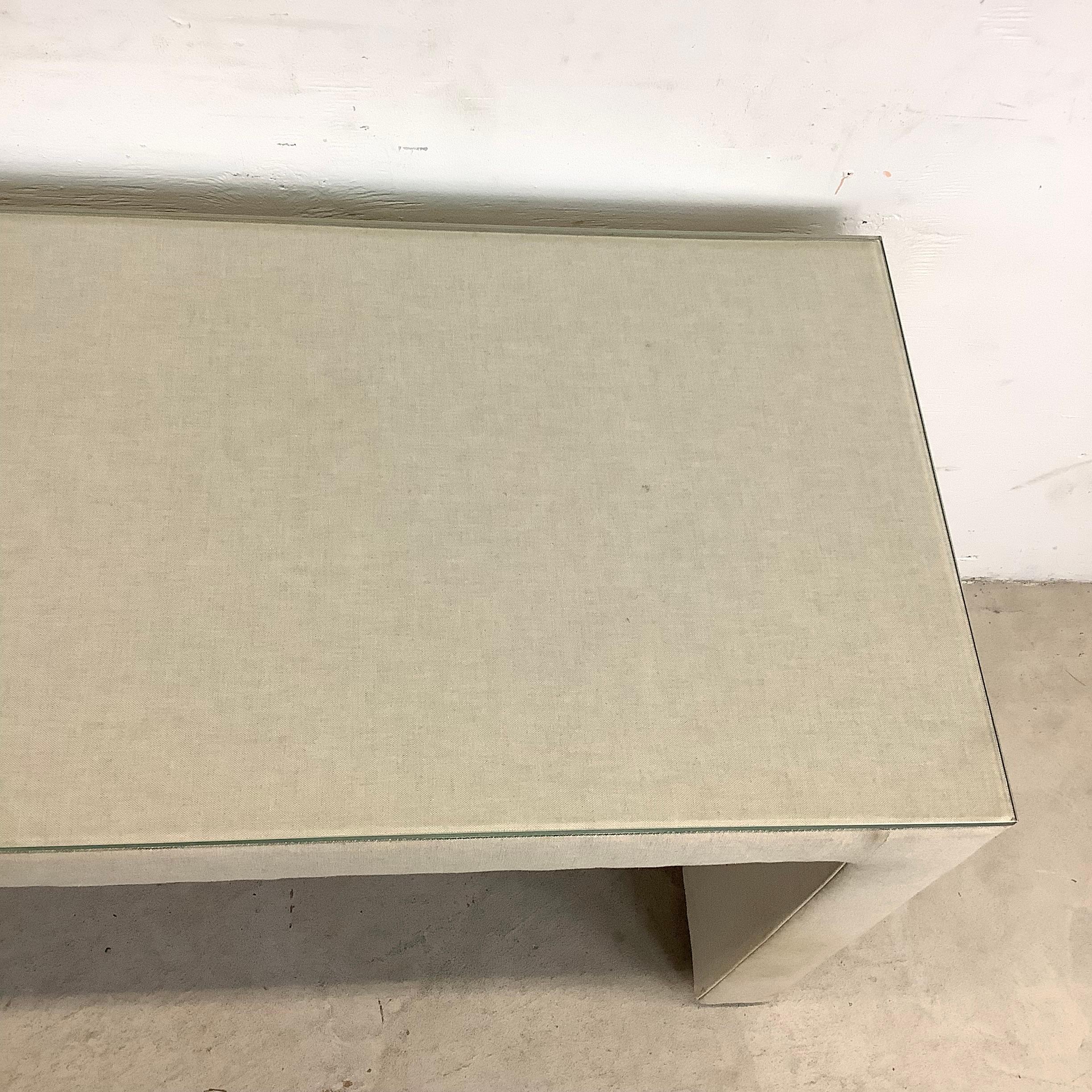 Modern Linen Parsons Table with Glass Top For Sale 1
