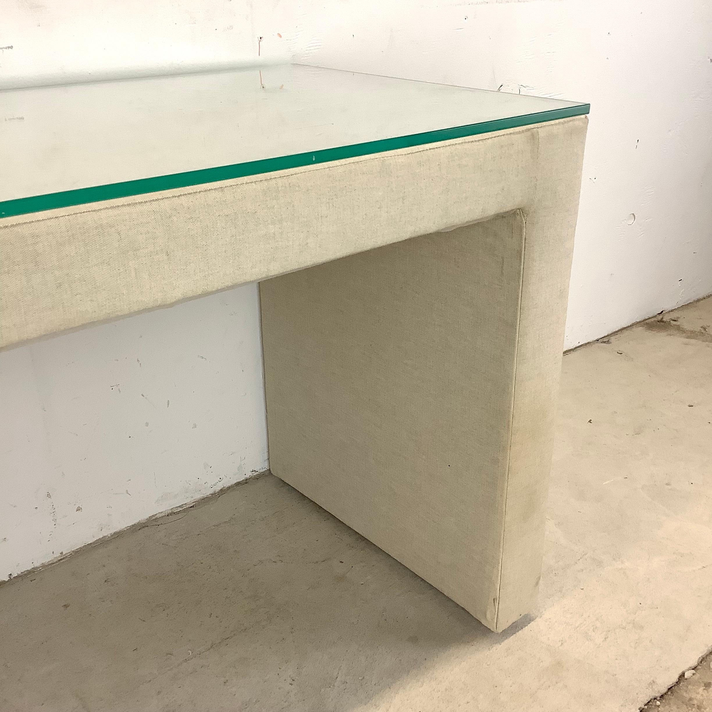 Modern Linen Parsons Table with Glass Top For Sale 2