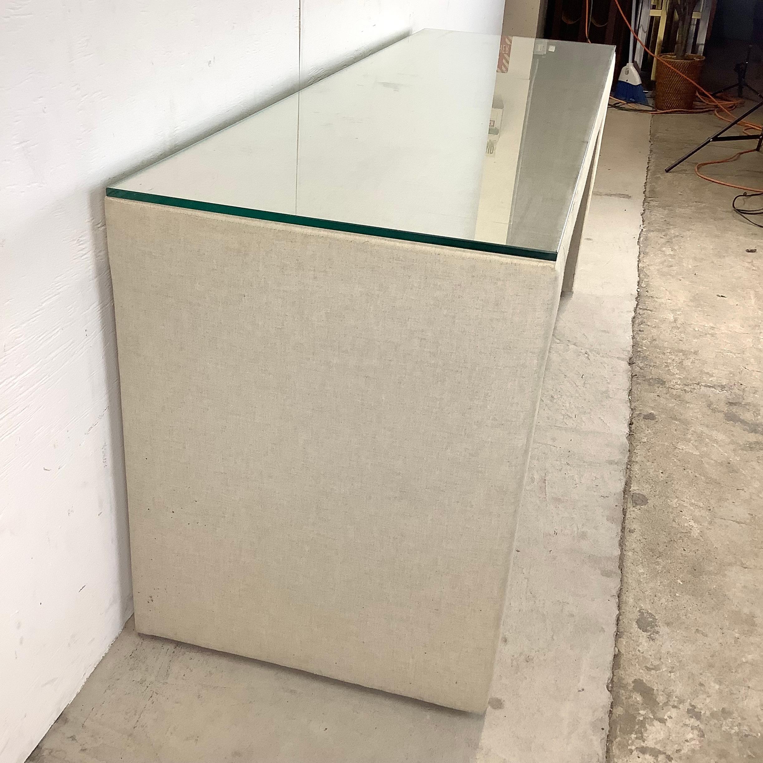 Modern Linen Parsons Table with Glass Top For Sale 4