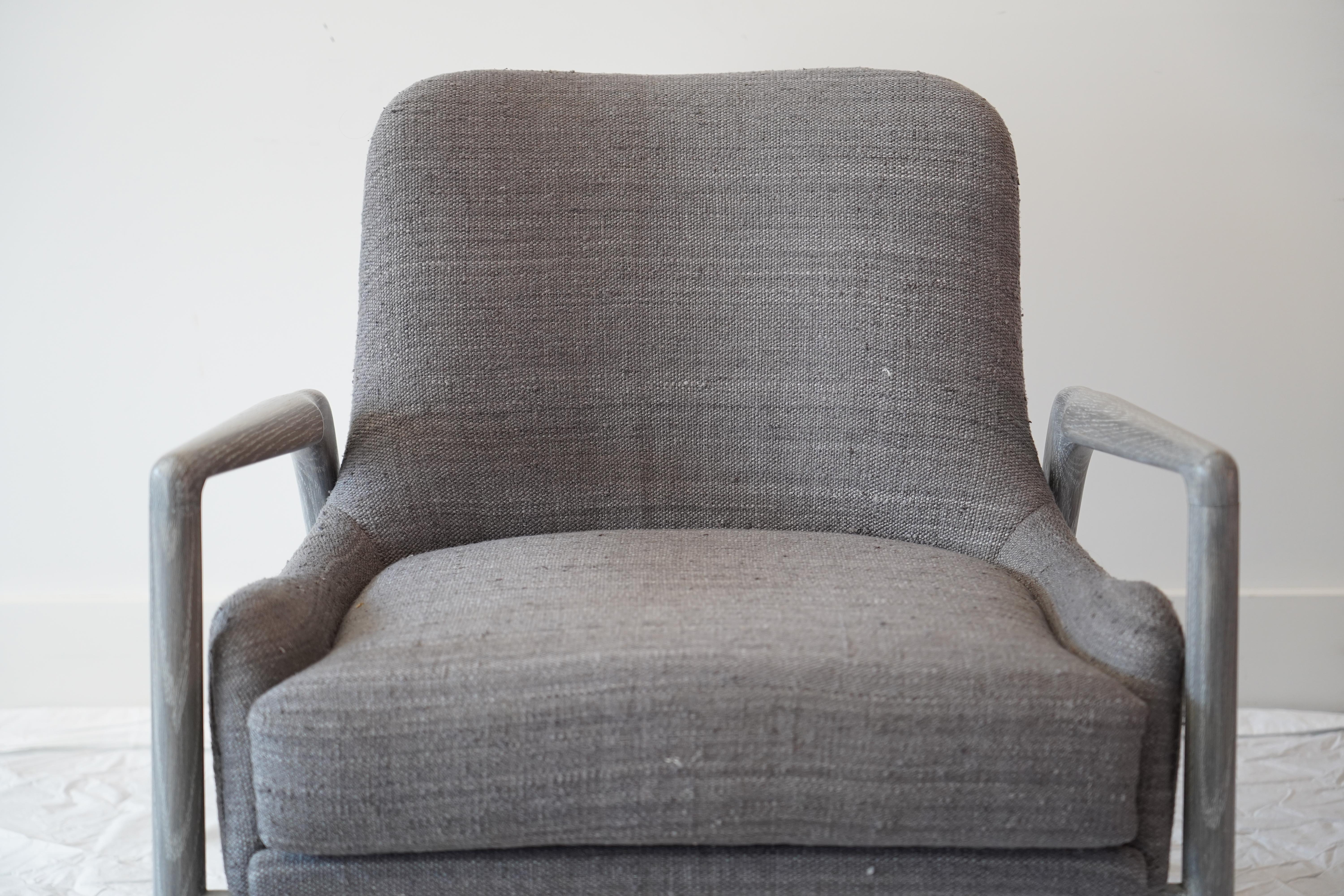 Modern Linen-Upholstered Armchair with Dove Grey Oak Frame For Sale 10
