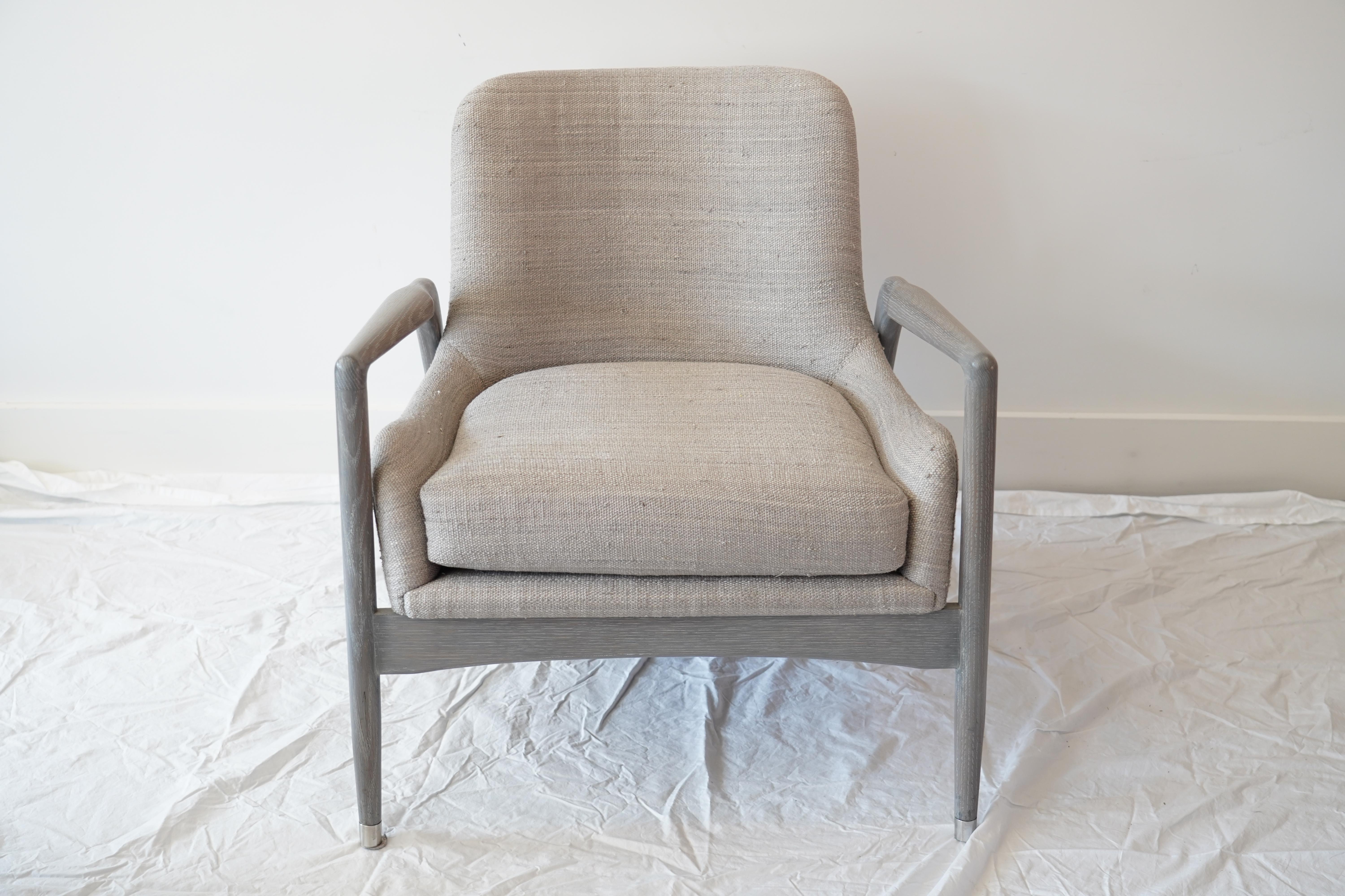 Mid-Century Modern Modern Linen-Upholstered Armchair with Dove Grey Oak Frame For Sale