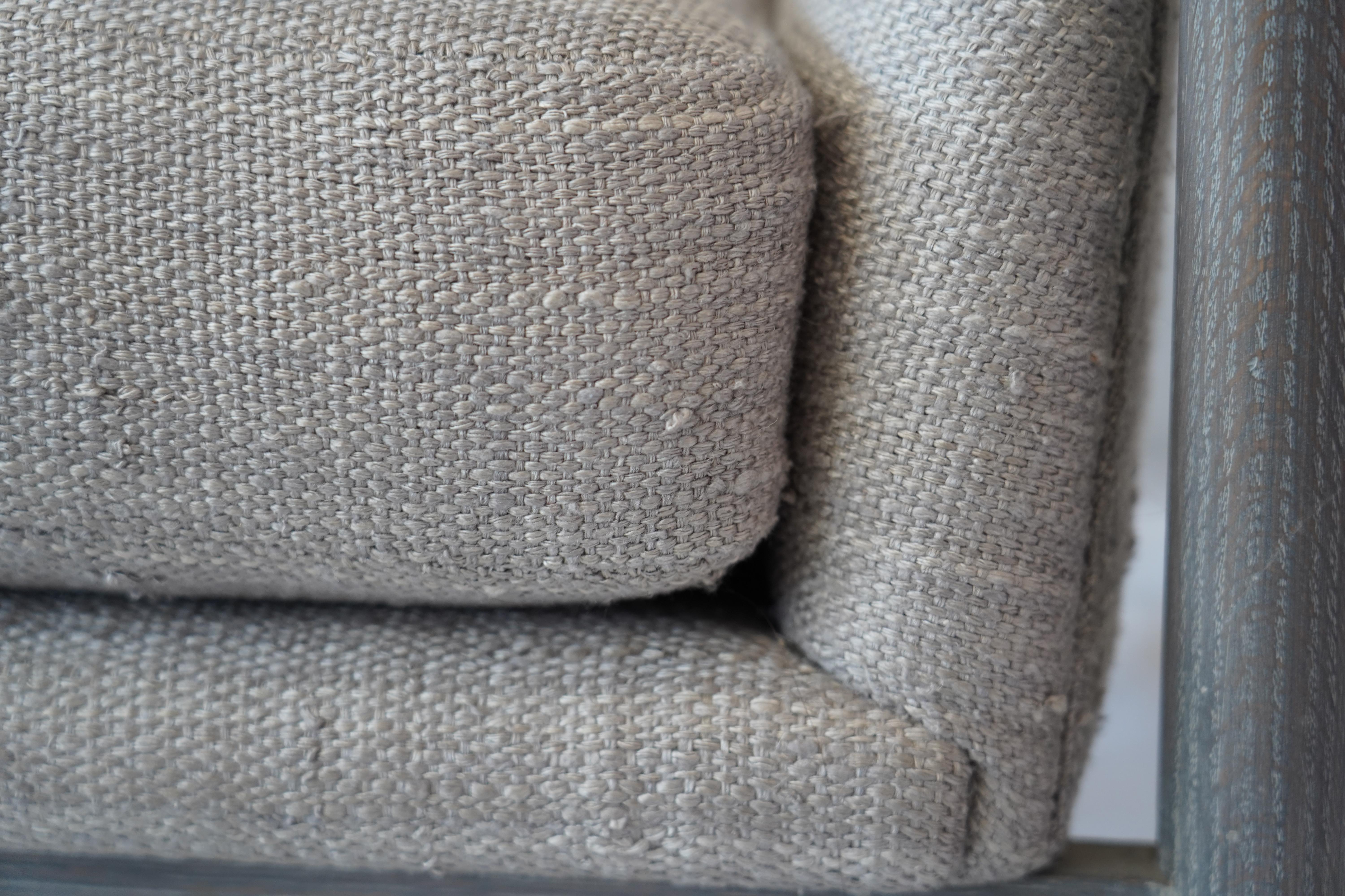 Blackened Modern Linen-Upholstered Armchair with Dove Grey Oak Frame For Sale