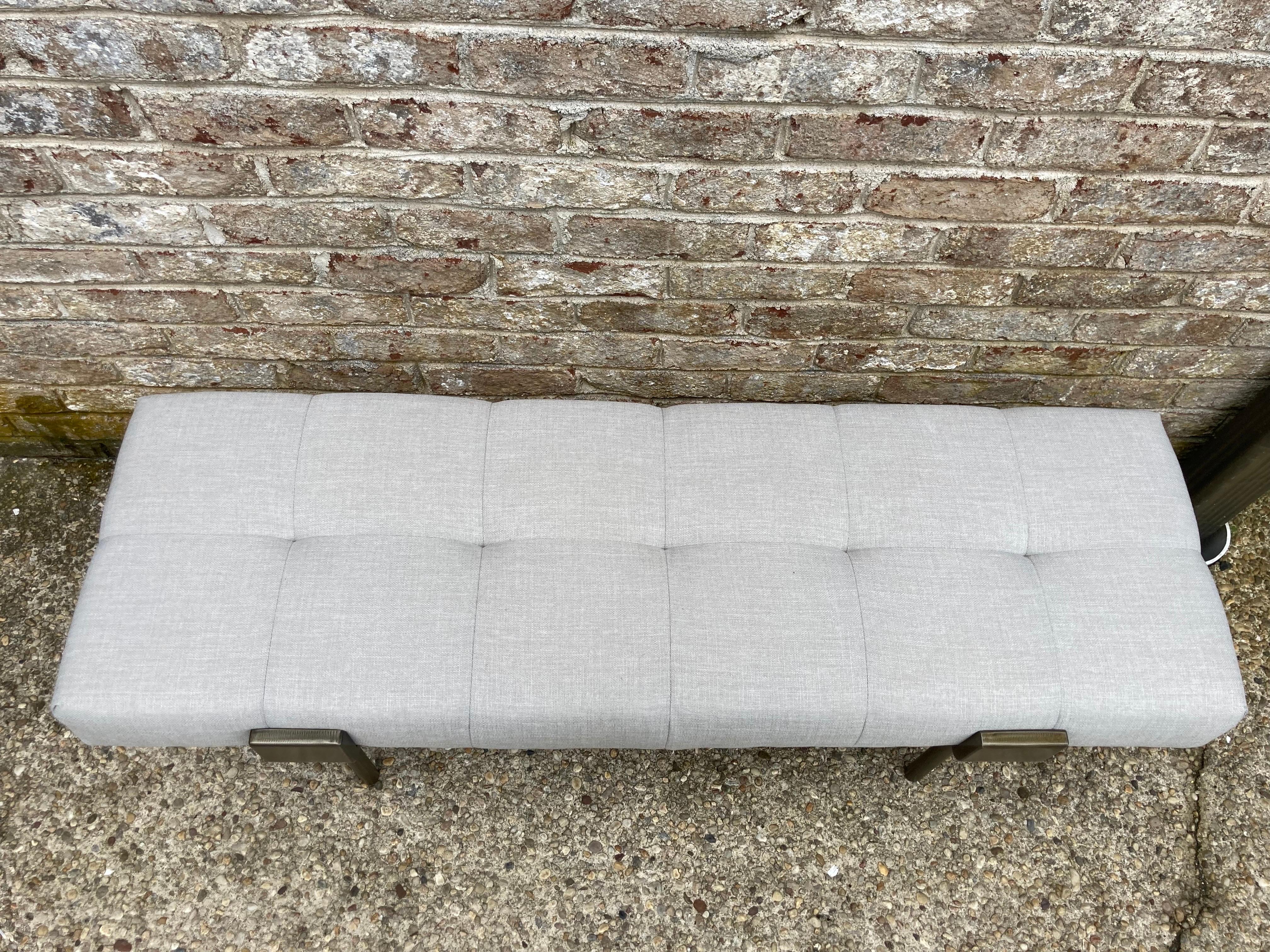Modern Linen Upholstered Metal Framed Bench In Good Condition In East Hampton, NY
