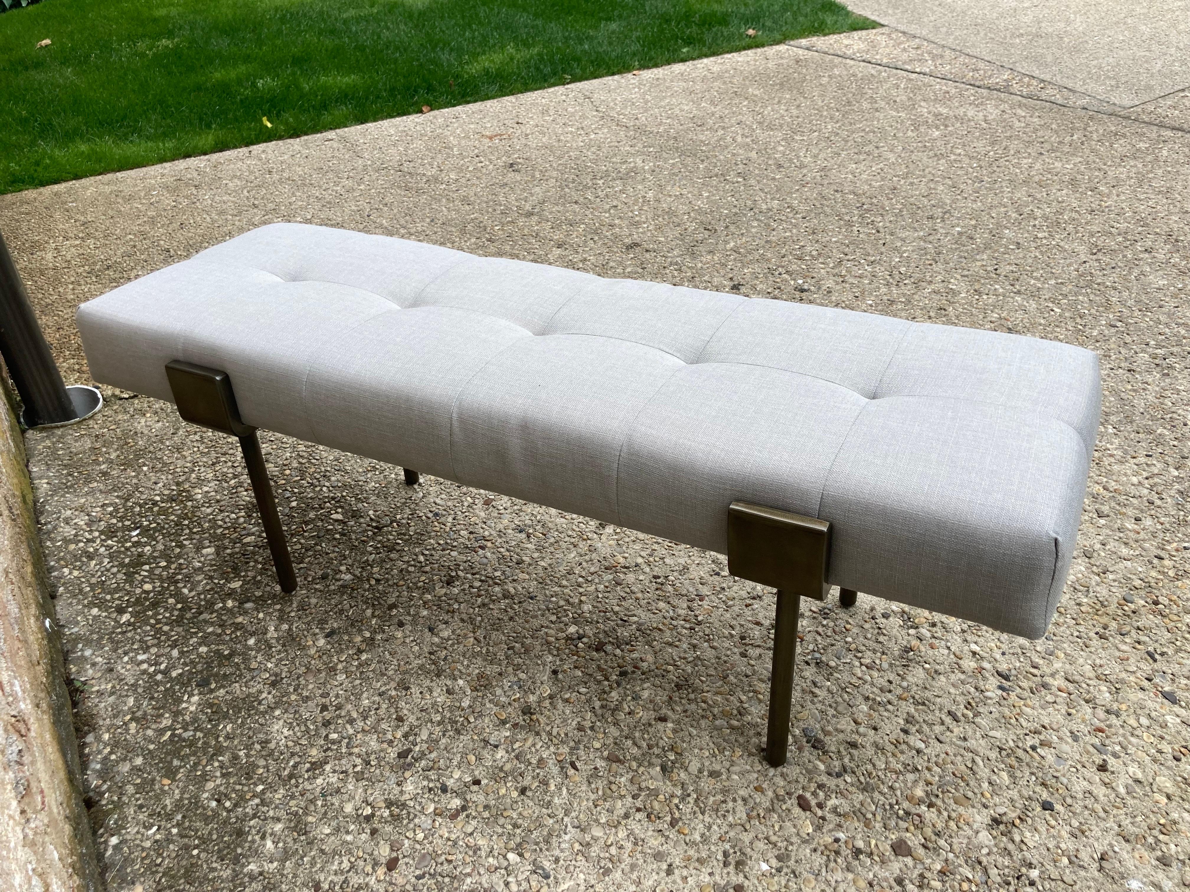 20th Century Modern Linen Upholstered Metal Framed Bench
