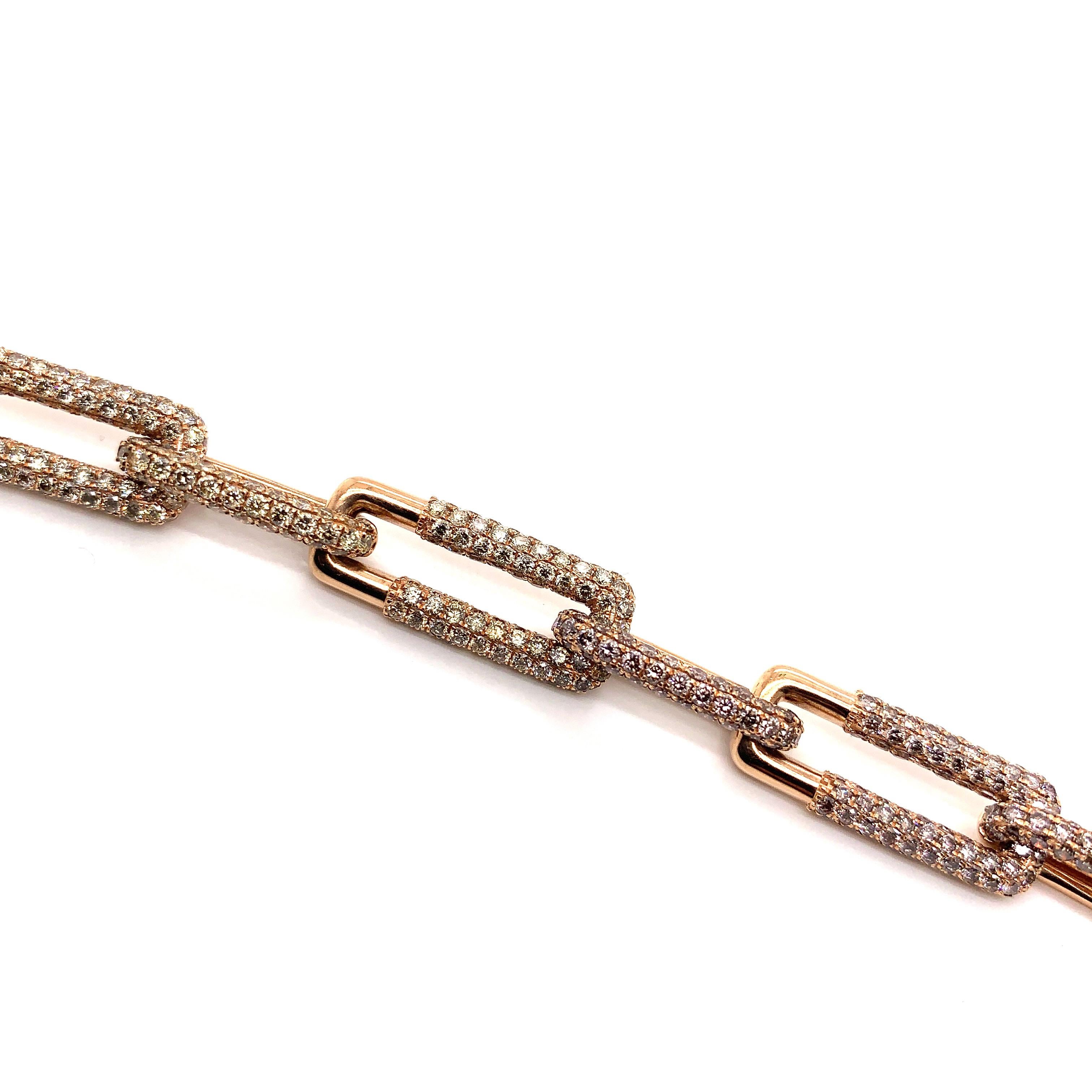 Contemporary Modern Links Chain in 18 Karat Rose Gold with Natural Fancy Color Diamonds For Sale