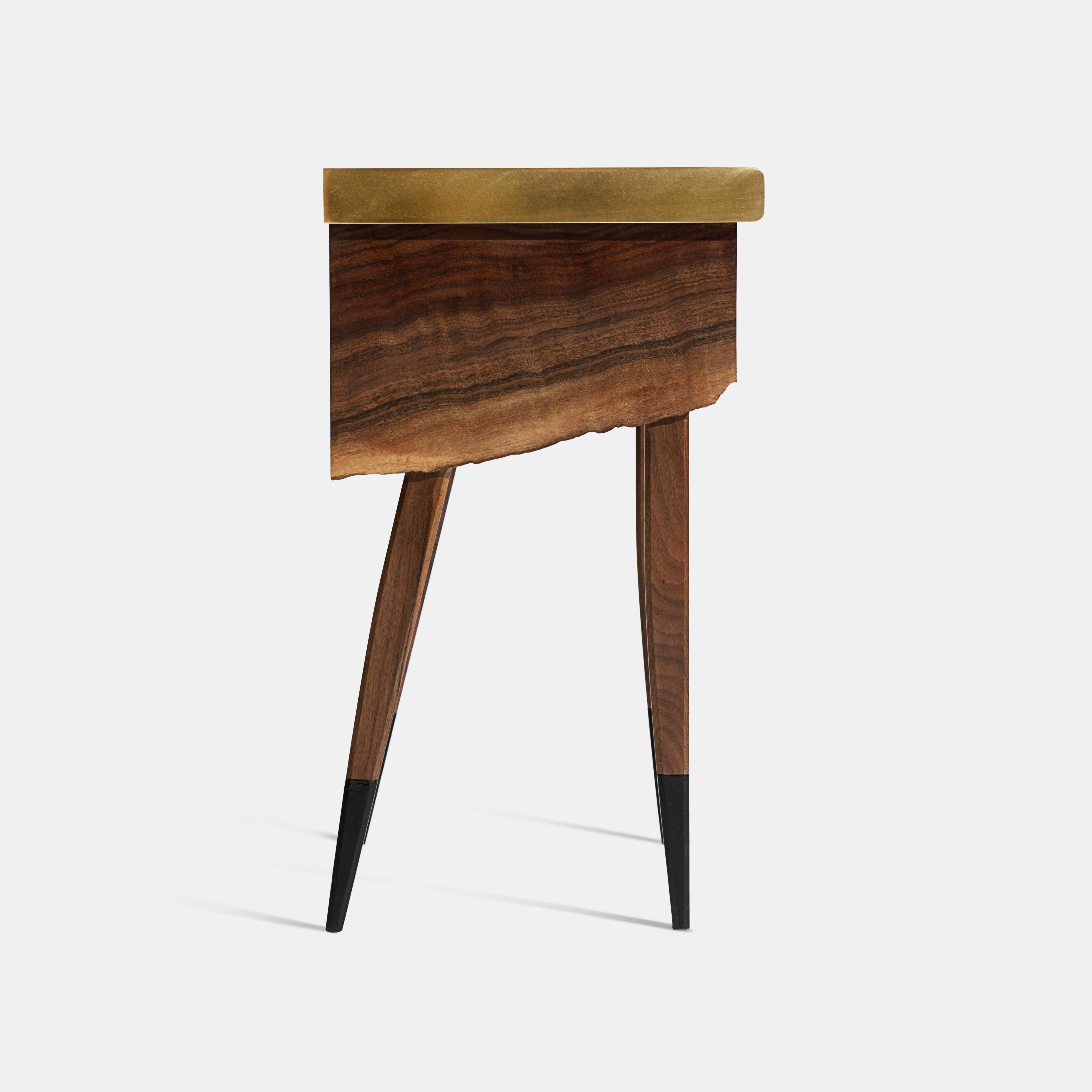 Minimalist Modern Live Edge Claro Walnut Table with Drawer Leather Top and Brass Detail For Sale