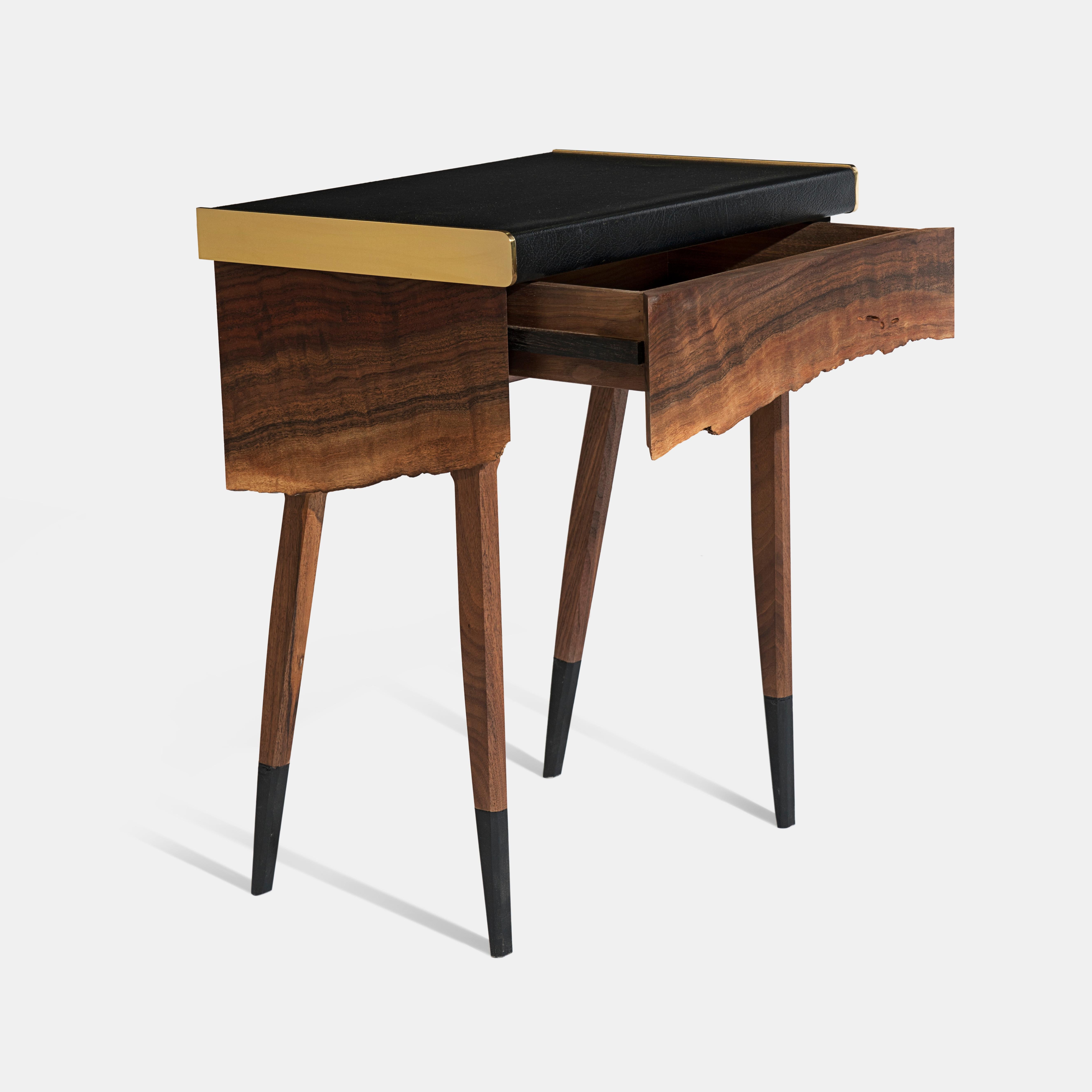 American Modern Live Edge Claro Walnut Table with Drawer Leather Top and Brass Detail For Sale