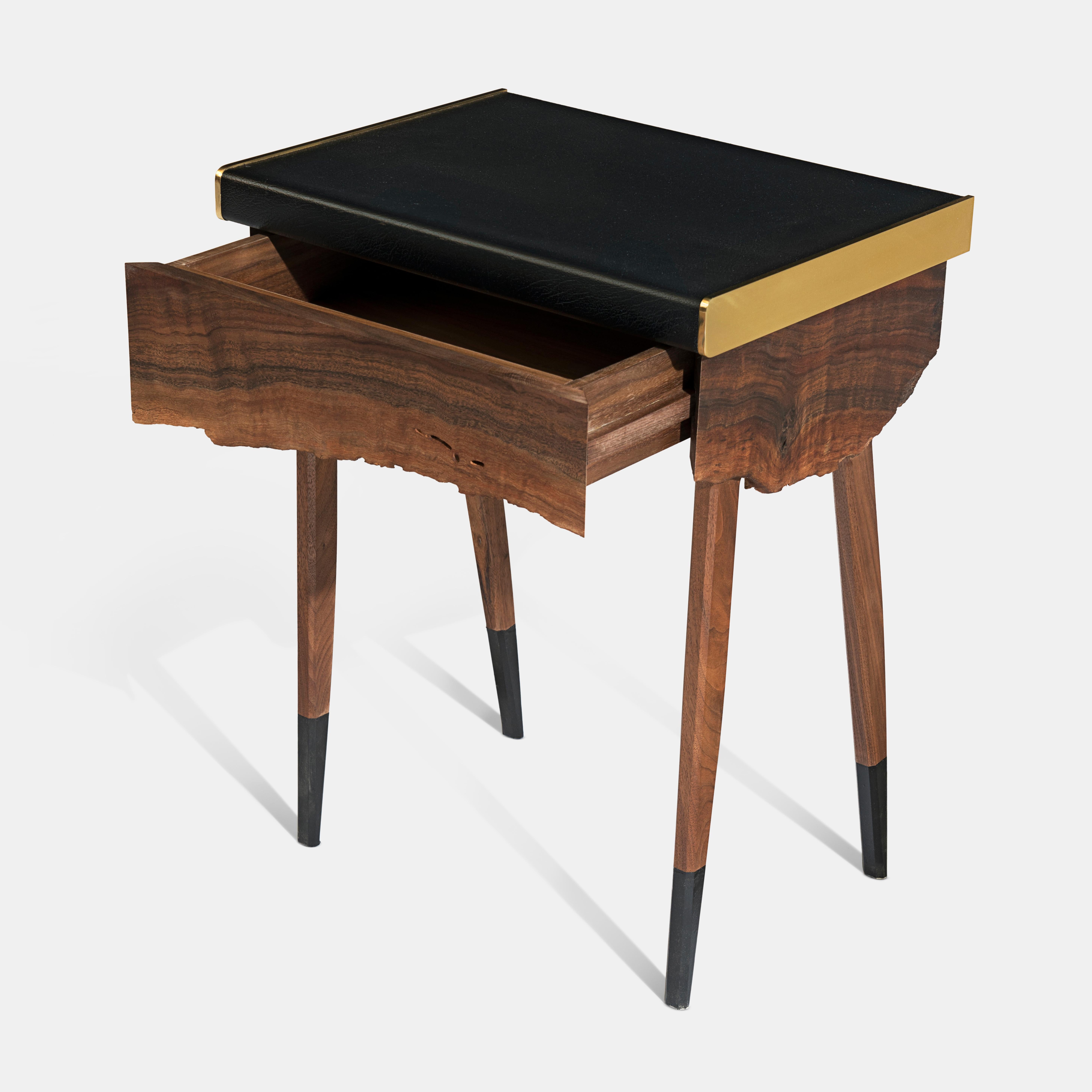 Oiled Modern Live Edge Claro Walnut Table with Drawer Leather Top and Brass Detail For Sale