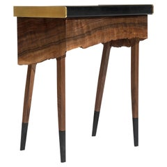 Modern Live Edge Claro Walnut Table with Drawer Leather Top and Brass Detail