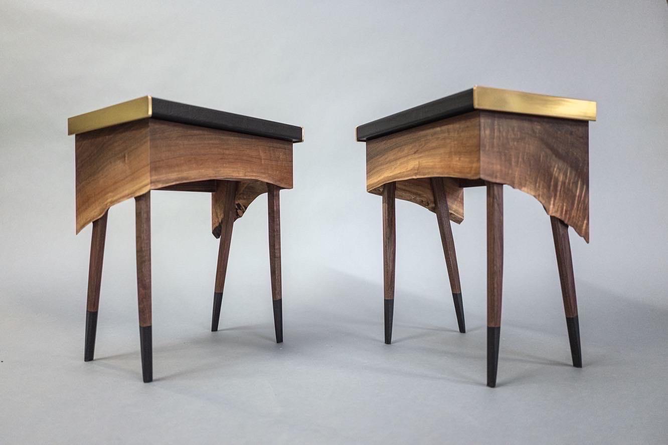 Contemporary Modern Live Edge Claro Walnut Table with Drawer Leather Top and Brass Detail For Sale