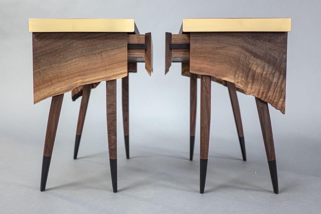 Rubber Modern Live Edge Claro Walnut Table with Drawer Leather Top and Brass Detail For Sale