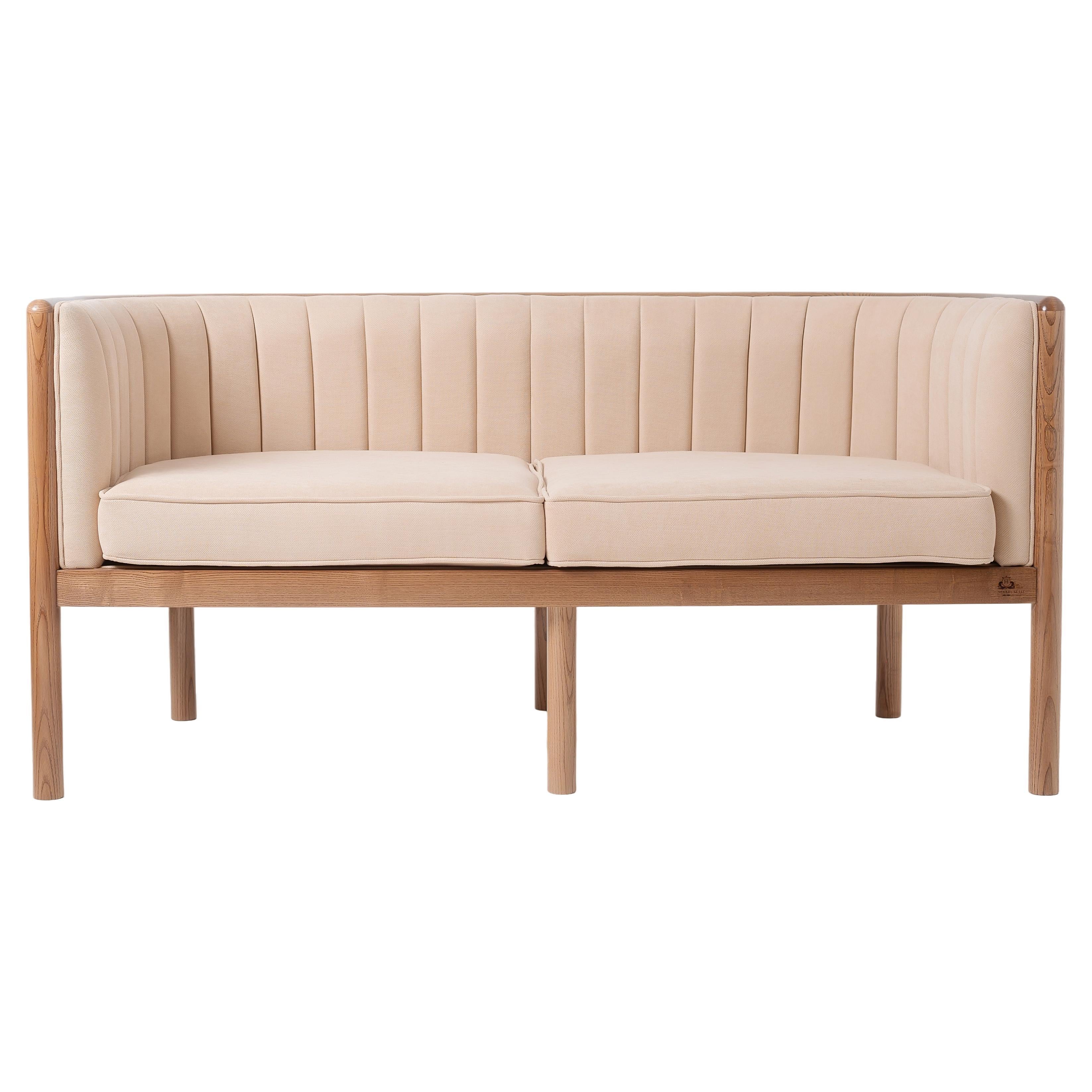 Modern Living Room Loveseat in Ash Solid Wood and Beige Material For Sale