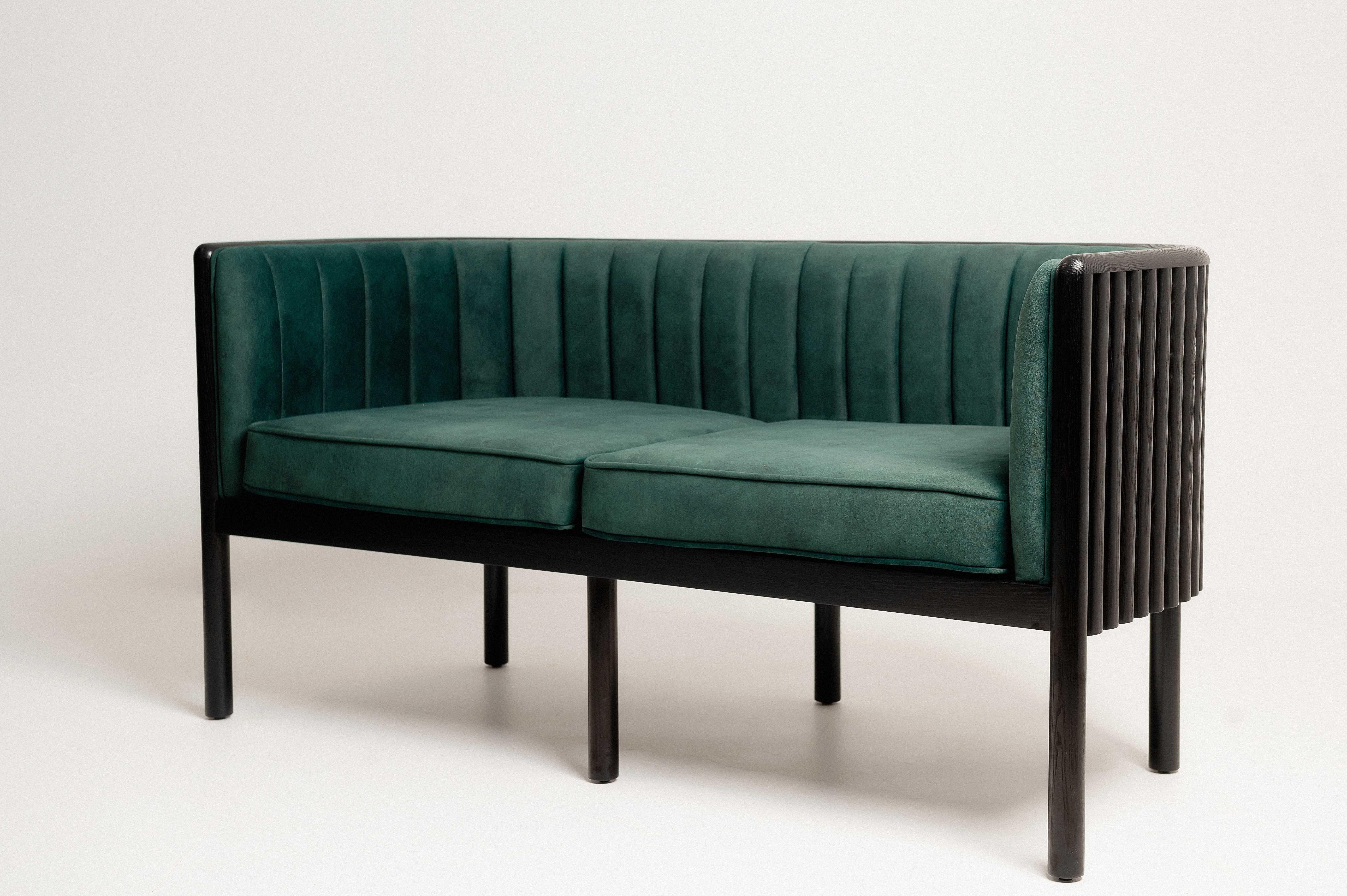 Mid-Century Modern Modern Living Room Loveseat in Black Ash Solid Wood and Emerald Material For Sale