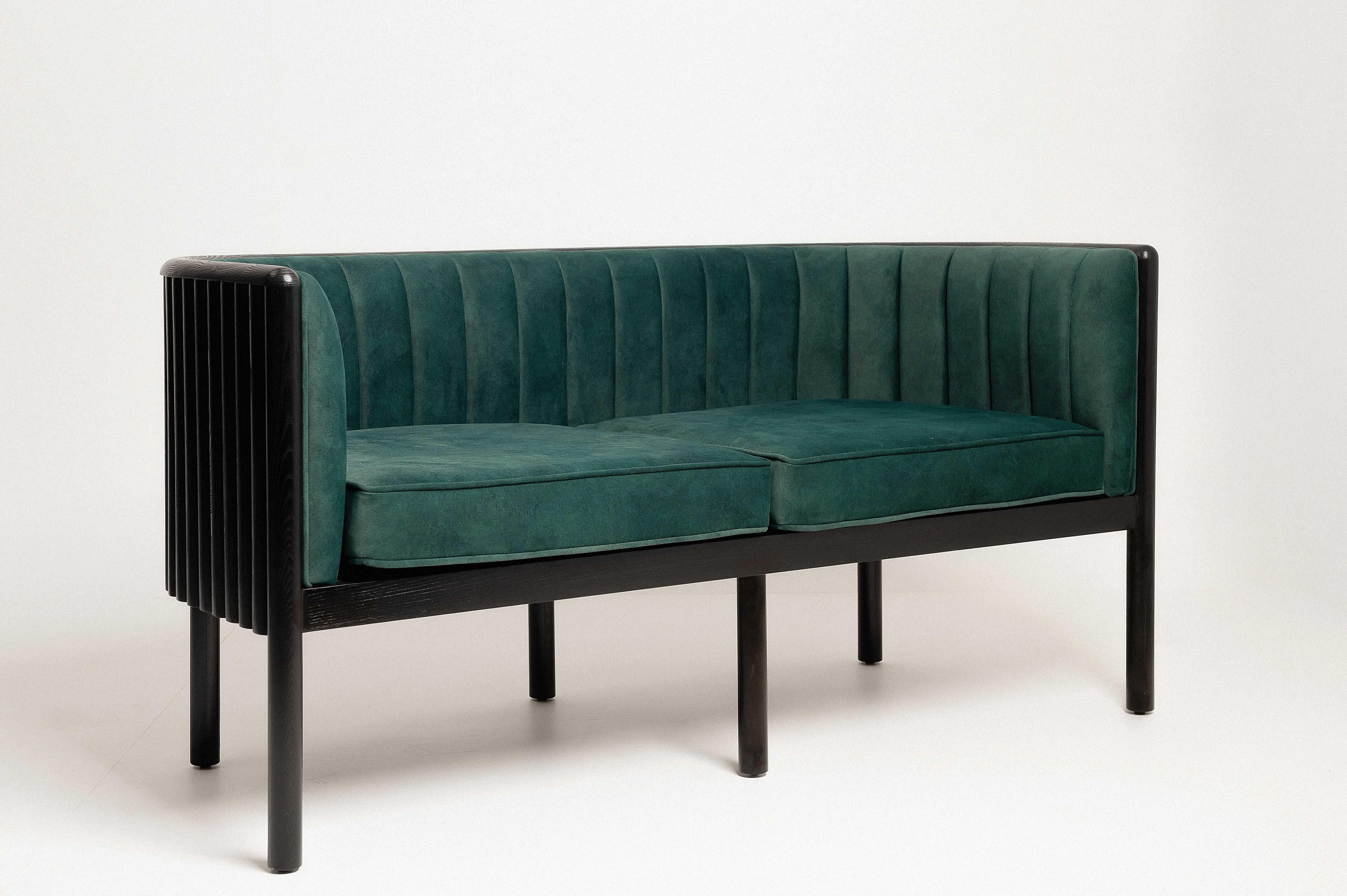 Modern Living Room Loveseat in Black Ash Solid Wood and Emerald Material In New Condition For Sale In Naperville, IL