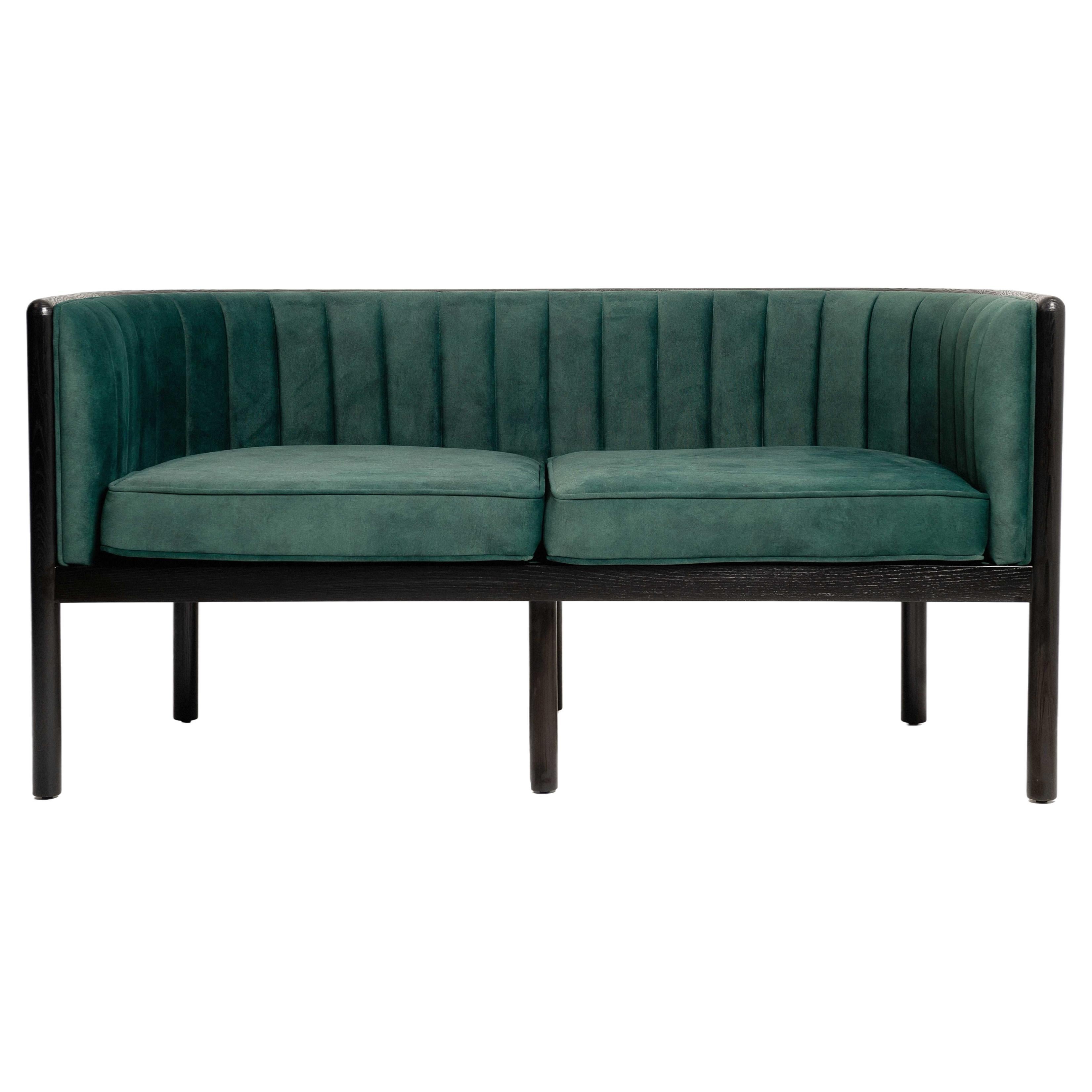 Modern Living Room Loveseat in Black Ash Solid Wood and Emerald Material For Sale