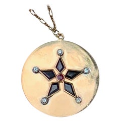 Vintage Modern Lone Star 14 Karat Yellow Gold Diamond, Sapphire, and Ruby Pendant